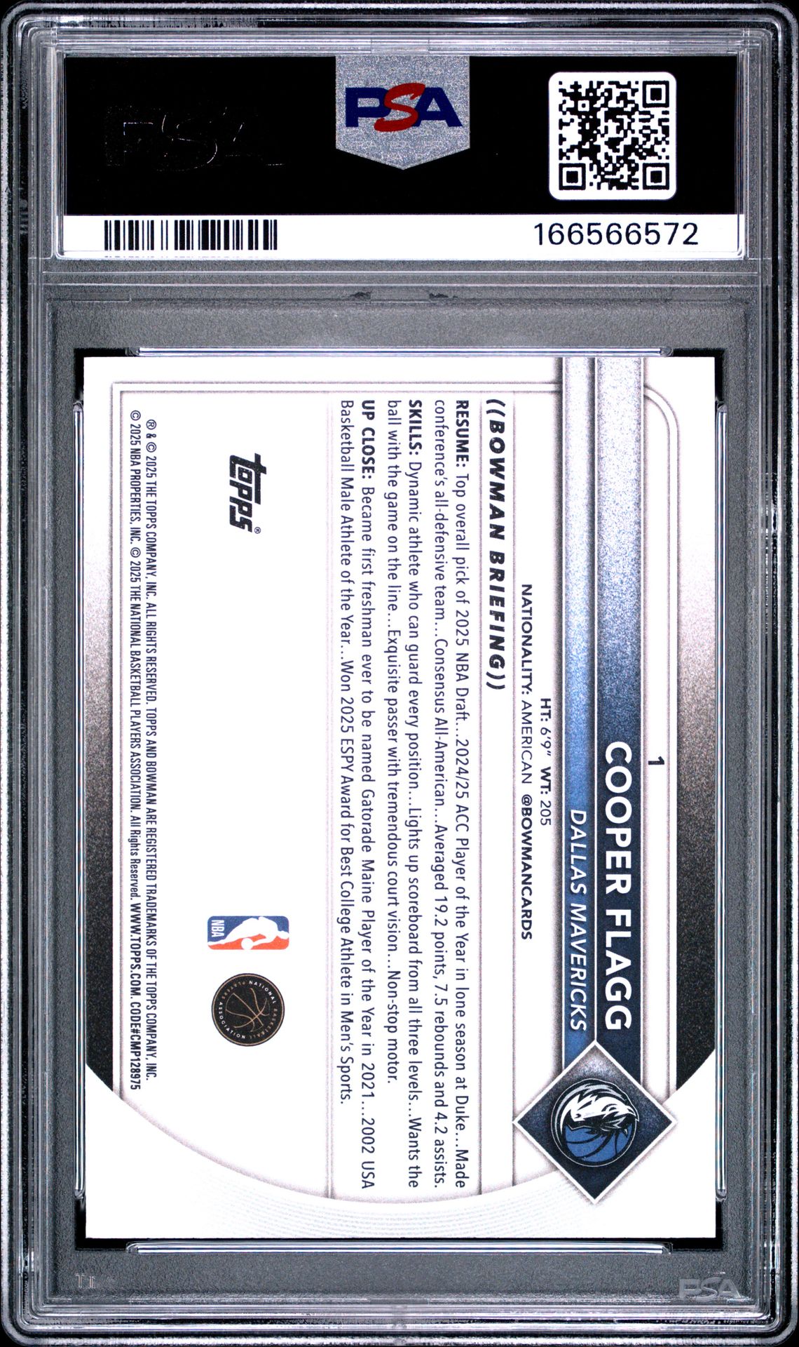 2025 Bowman Cooper Flagg #1 Mint 9 back
