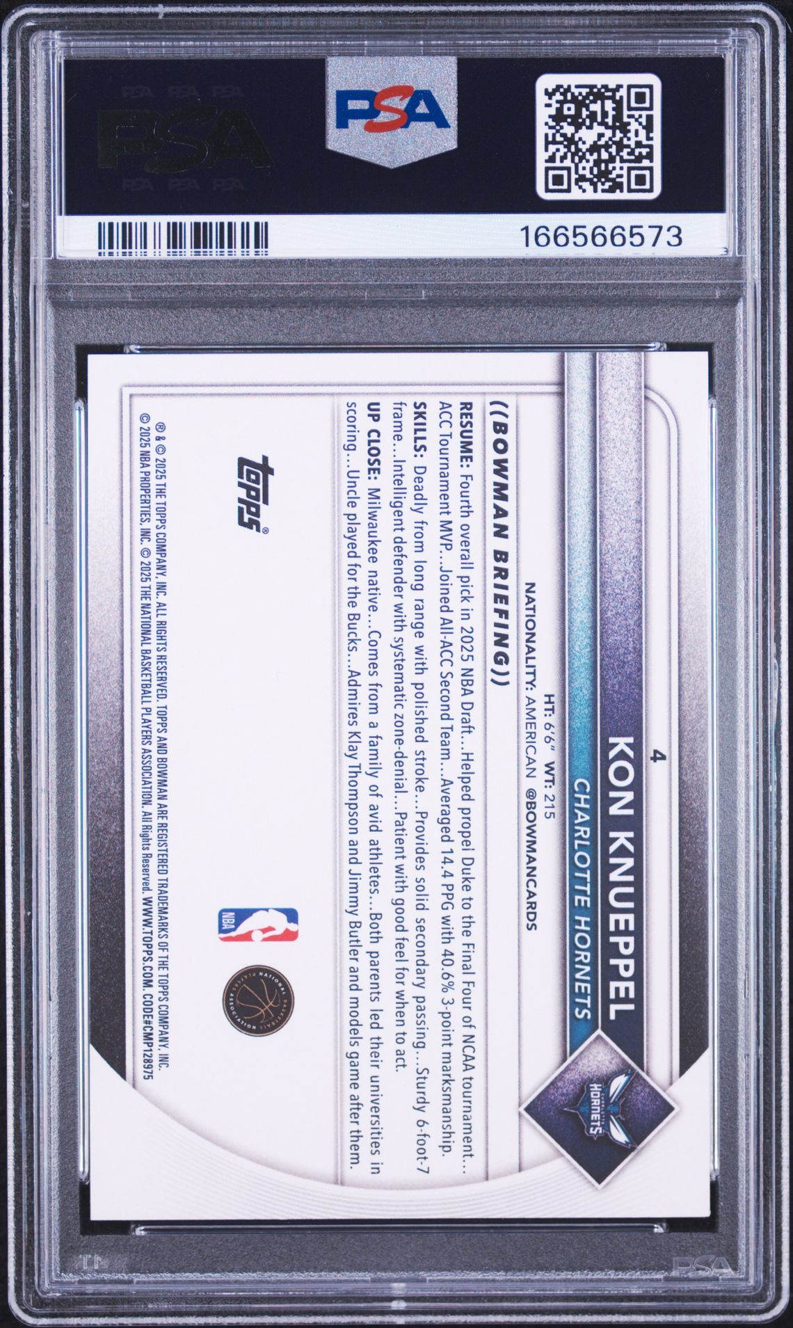 2025 Bowman Kon Knueppel #4 Gem Mt 10 back view - PSA certificate #166566573