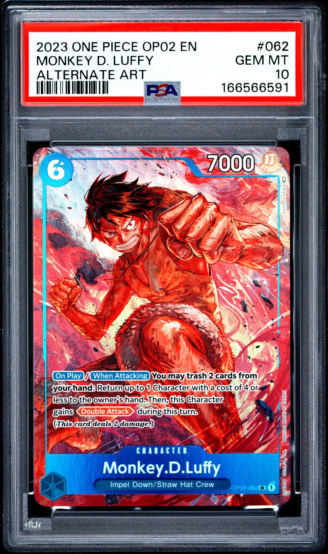 2023 One Piece Op02-Paramount War Monkey D. Luffy #062 (Alternate Art) Gem Mt 10 front view - PSA graded GEM MT 10