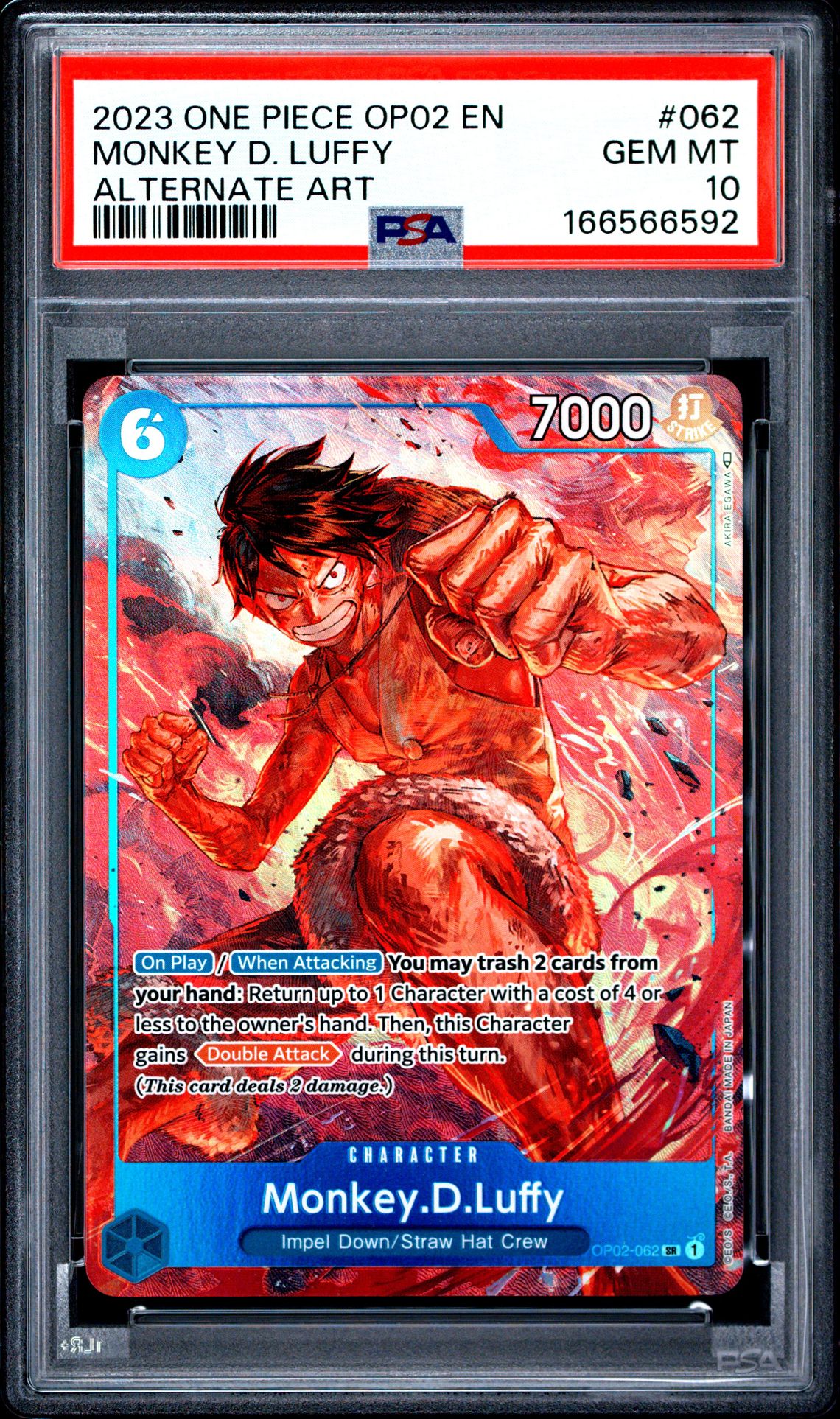 2023 One Piece Op02-Paramount War Monkey D. Luffy #062 (Alternate Art) Gem Mt 10 front view - PSA graded GEM MT 10
