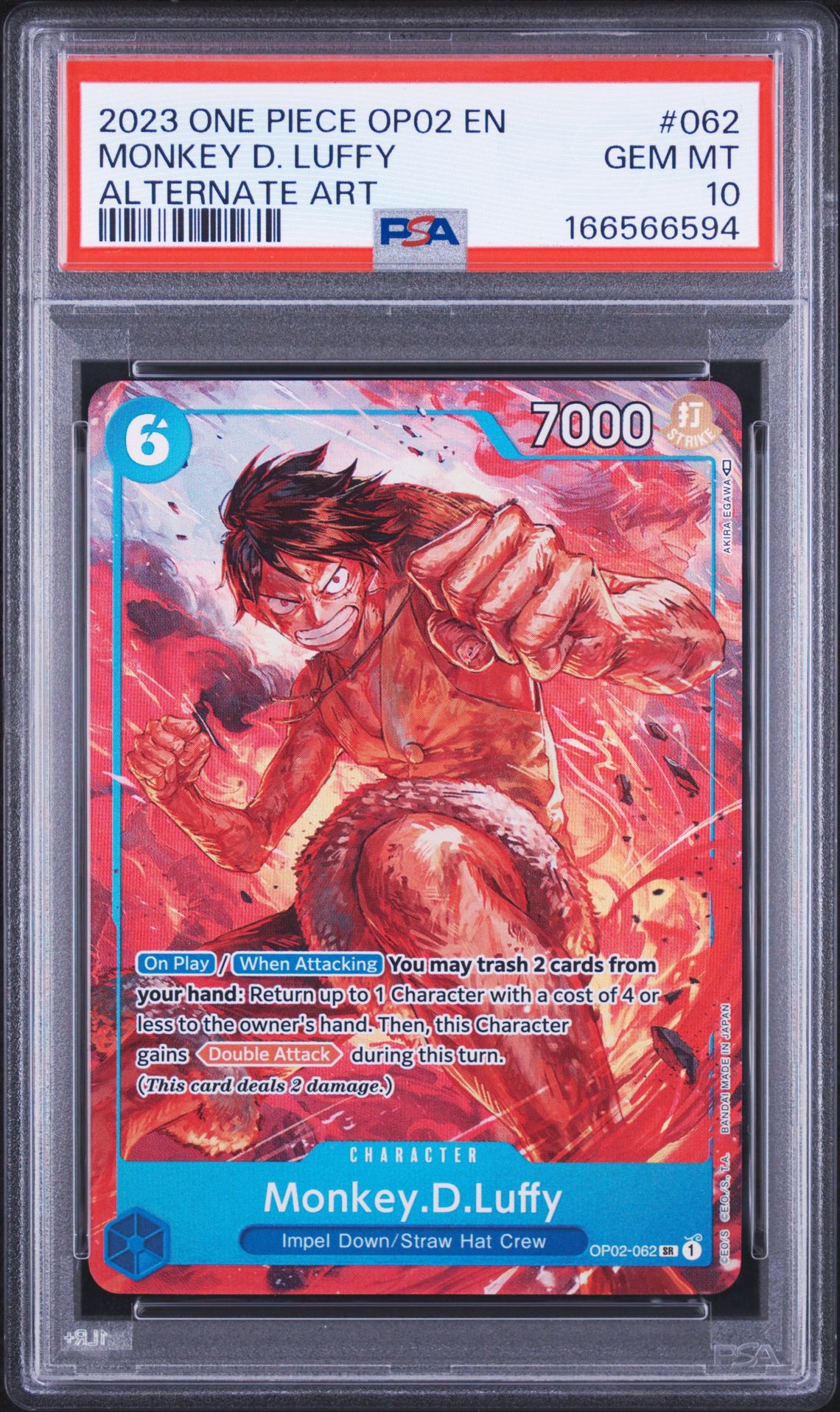 2023 One Piece Op02-Paramount War Monkey D. Luffy #062 (Alternate Art) Gem Mt 10 front view - PSA graded GEM MT 10