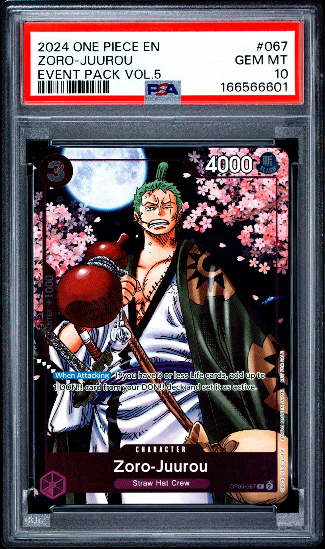 2024 One Piece Event Pack Vol.5 Zoro-Juurou #067 Gem Mt 10 front view - PSA graded GEM MT 10