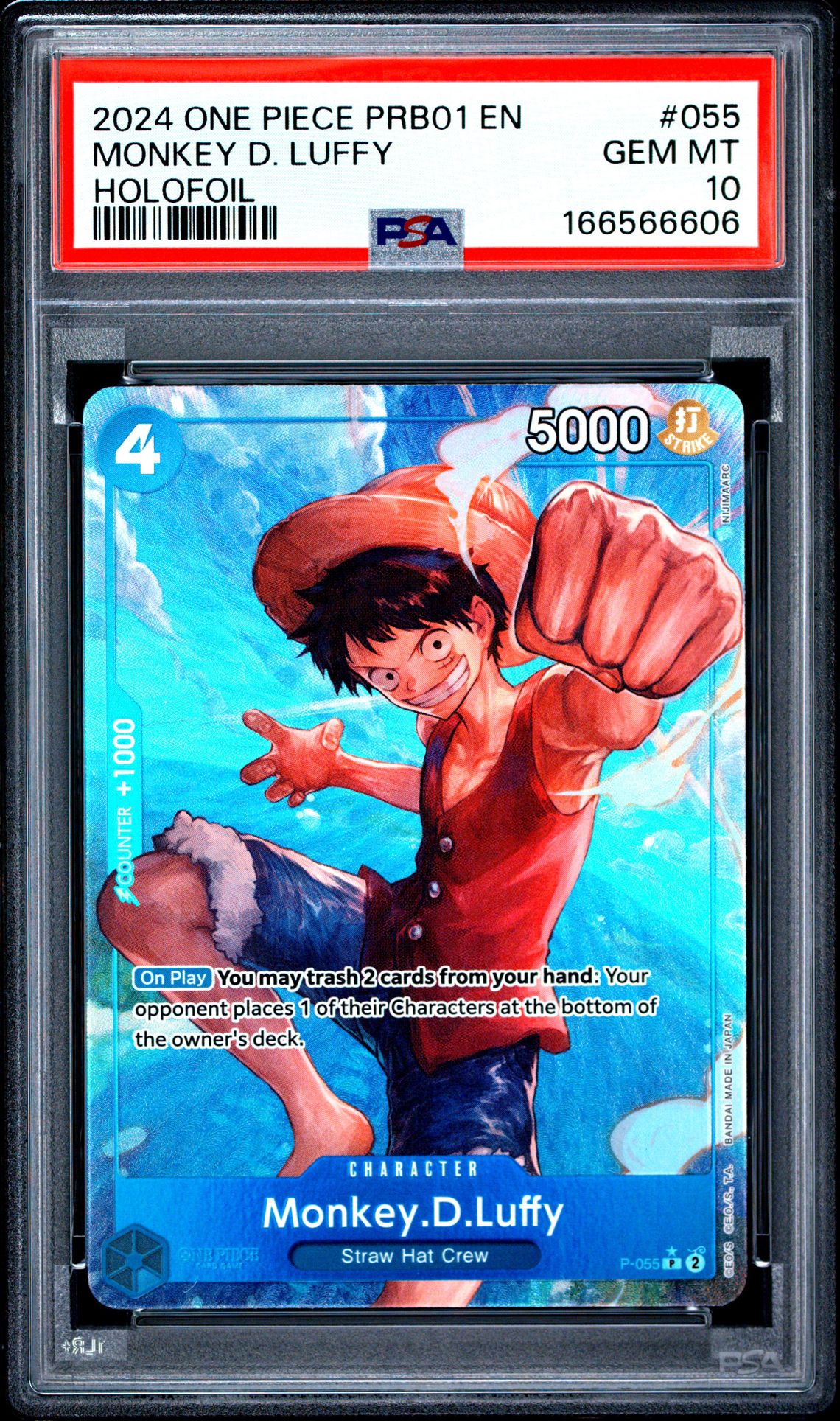 2024 One Piece Prb01-Premium Booster -One Piece Card The Best- Monkey D. Luffy #055 (Holofoil) Gem Mt 10 front view - PSA graded GEM MT 10