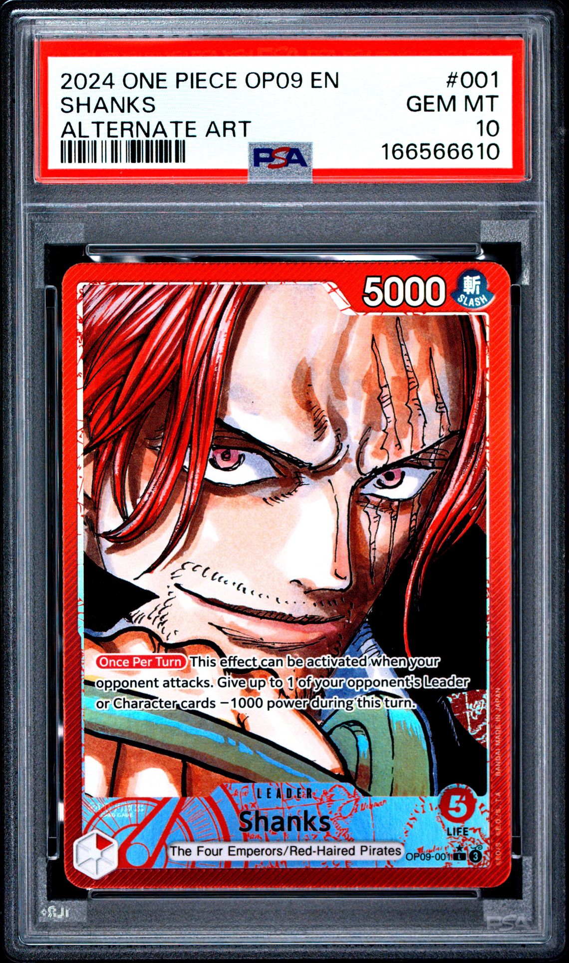 2024 One Piece Op09-Emperors In The New World Shanks #001 (Alternate Art) Gem Mt 10 front view - PSA graded GEM MT 10