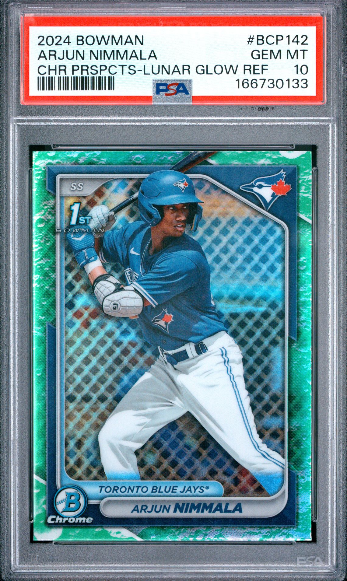 2024 Bowman Chrome Prospects Arjun Nimmala #Bcp142 (Chr Prspcts-Lunar Glow Ref) Gem Mt 10 front view - PSA graded GEM MT 10