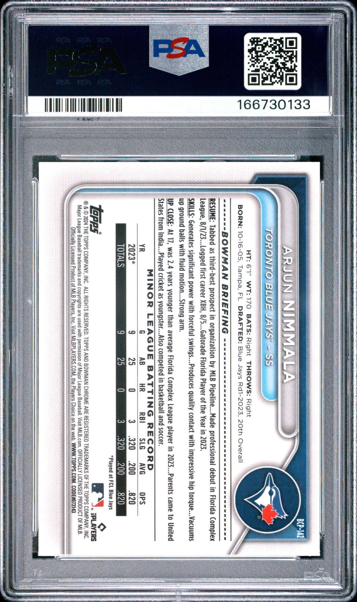 2024 Bowman Chrome Prospects Arjun Nimmala #Bcp142 (Chr Prspcts-Lunar Glow Ref) Gem Mt 10 back view - PSA certificate #166730133