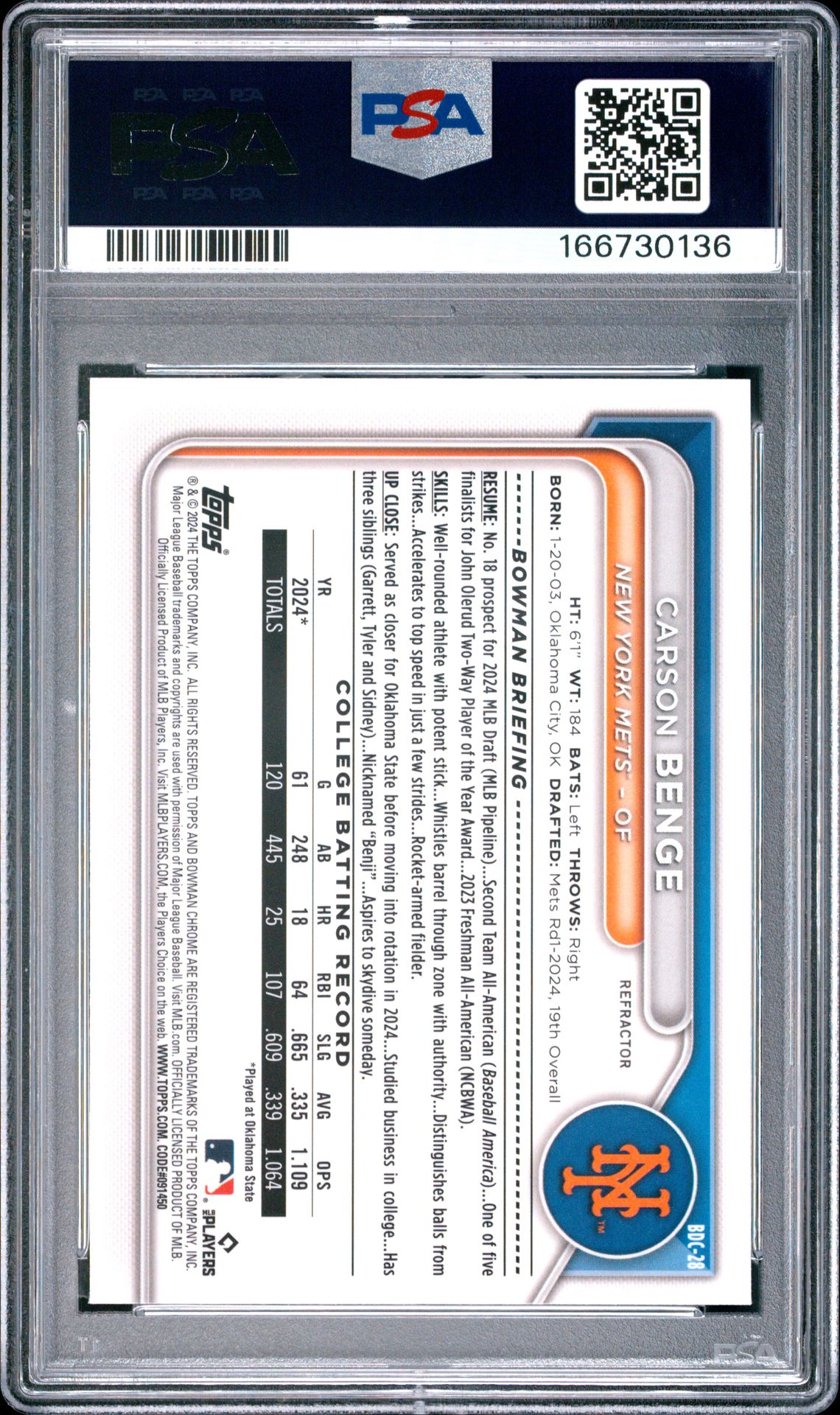 2024 Bowman Draft Carson Benge #Bdc28 (Chrome-Refractor) Mint 9 back