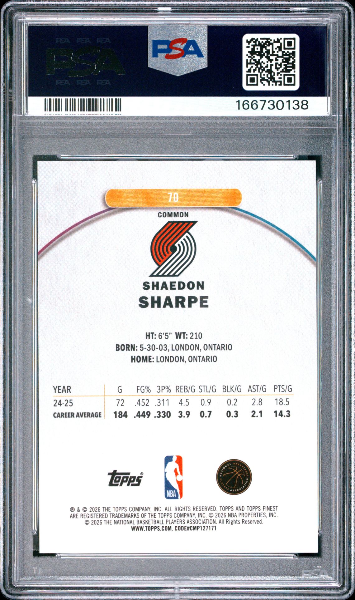 2025 Topps Finest Shaedon Sharpe #70 (Gold Refractor) Gem Mt 10 back view - PSA certificate #166730138