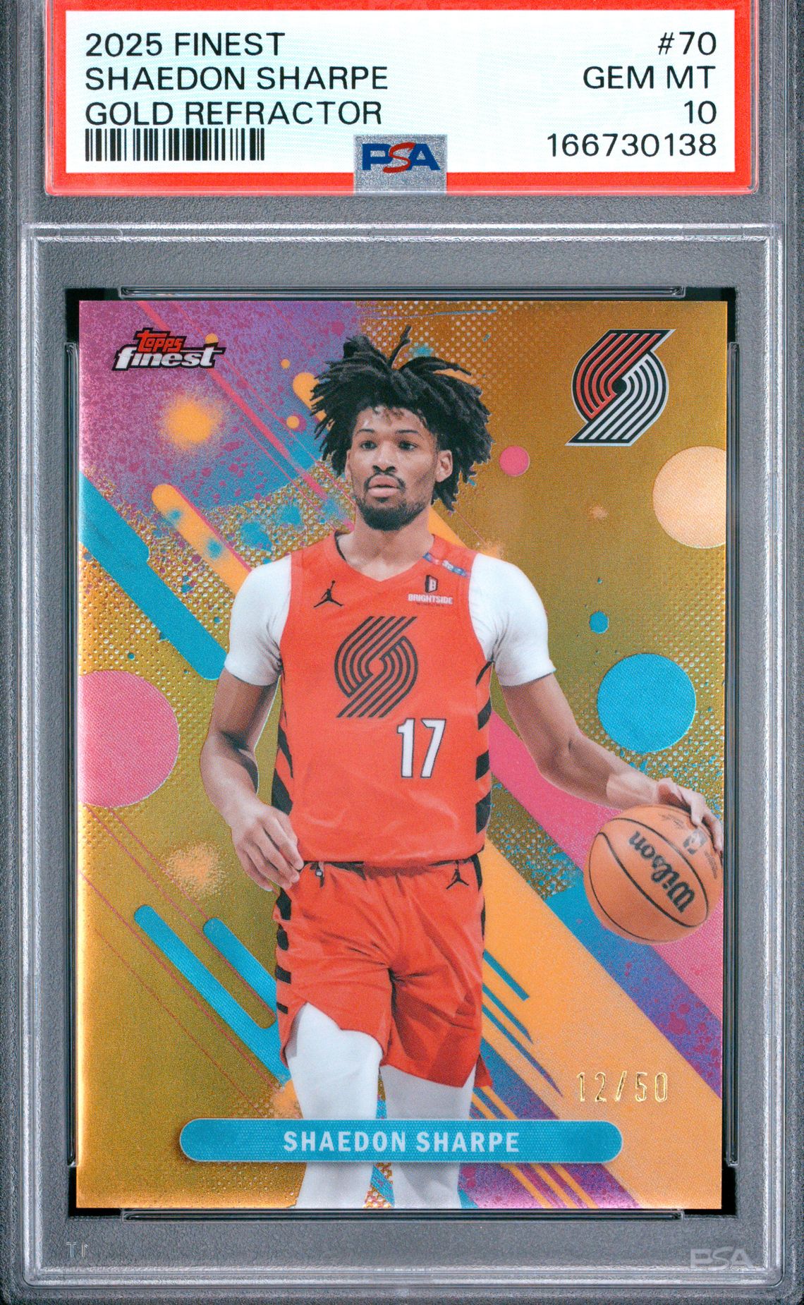 2025 Topps Finest Shaedon Sharpe #70 (Gold Refractor) Gem Mt 10 front view - PSA graded GEM MT 10
