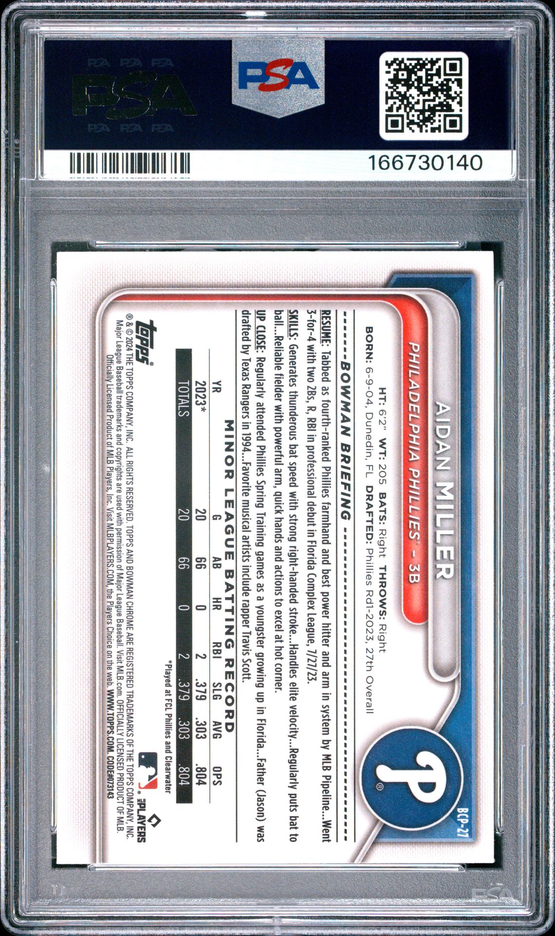 2024 Bowman Chrome Prospects Aidan Miller #Bcp27 Gem Mt 10 back view - PSA certificate #166730140
