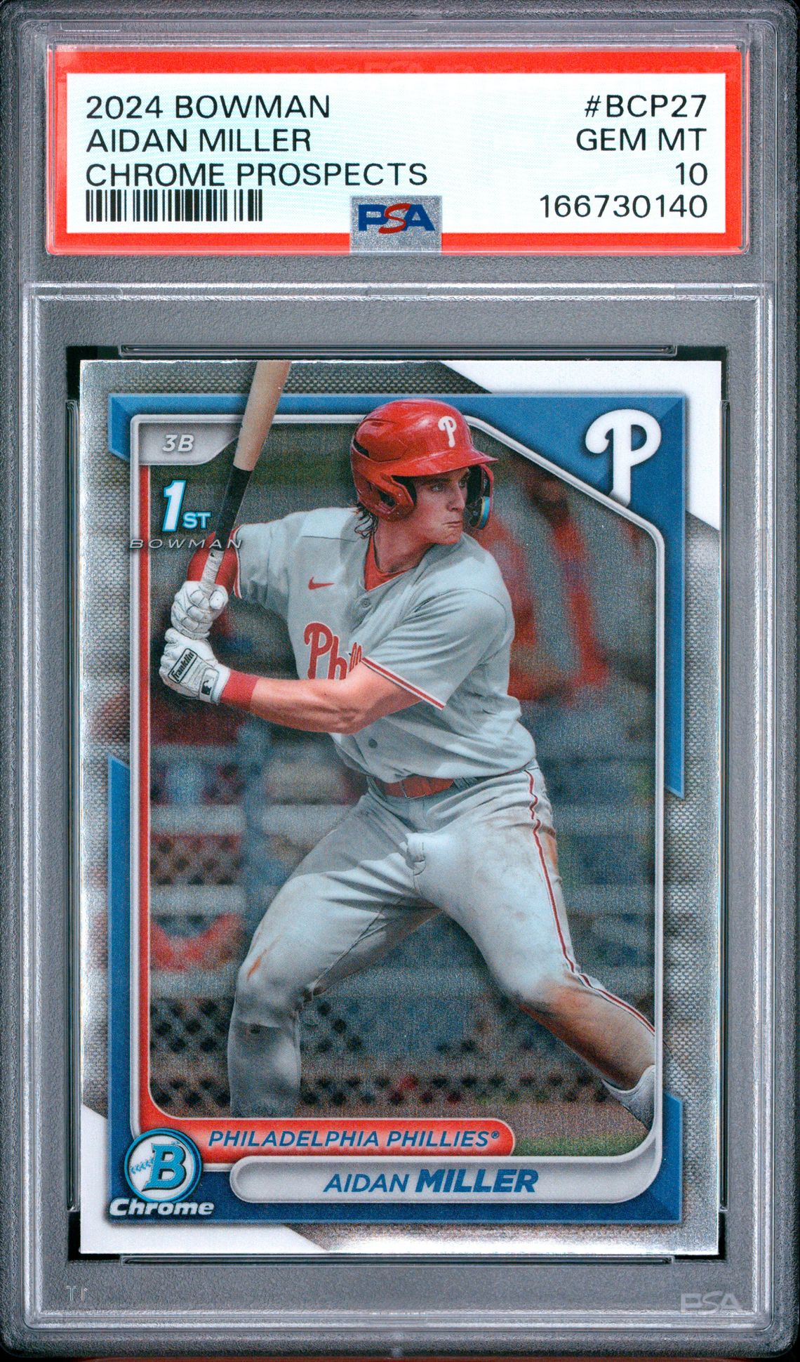 2024 Bowman Chrome Prospects Aidan Miller #Bcp27 Gem Mt 10 front view - PSA graded GEM MT 10