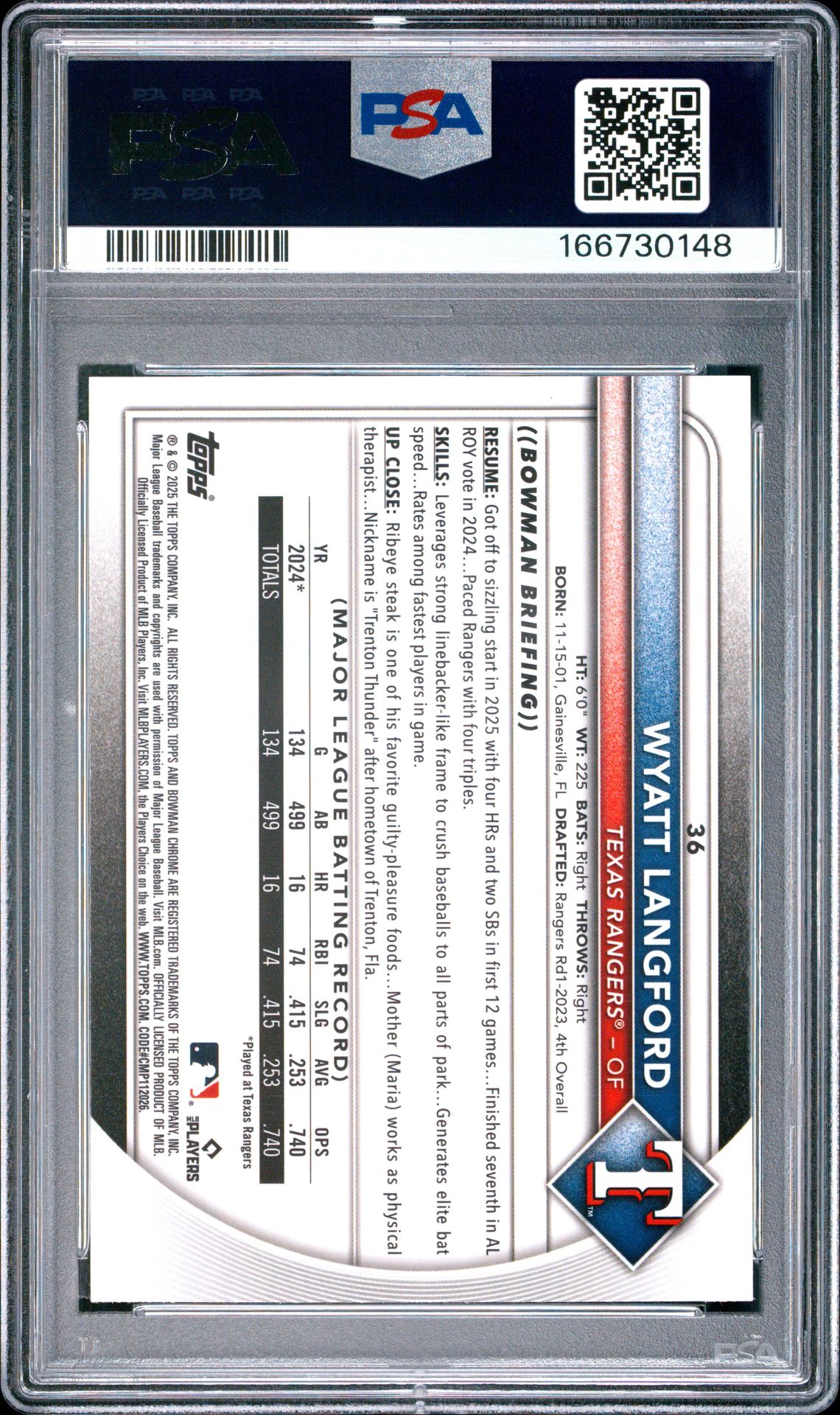 2025 Bowman Chrome Wyatt Langford #36 (Wave Refractor) Gem Mt 10 back view - PSA certificate #166730148