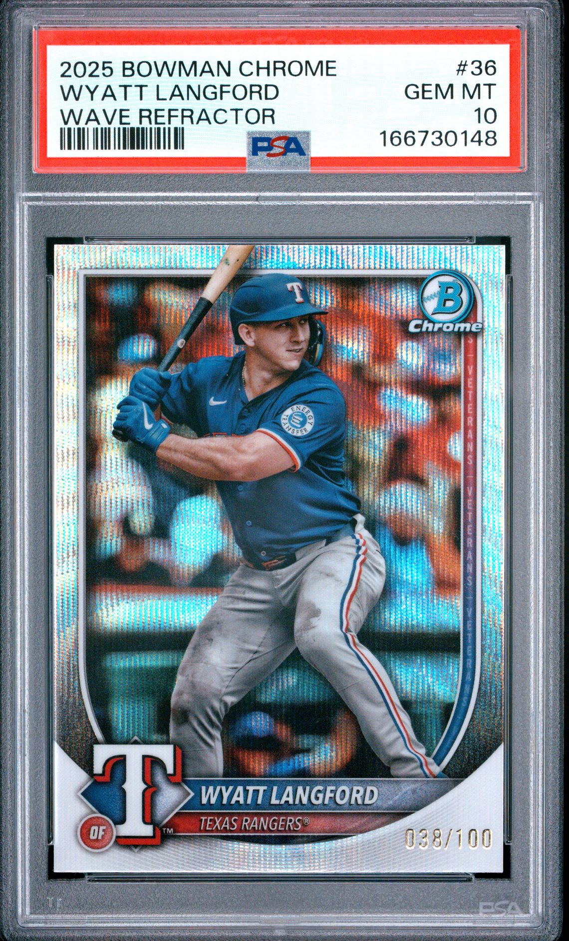 2025 Bowman Chrome Wyatt Langford #36 (Wave Refractor) Gem Mt 10 front view - PSA graded GEM MT 10