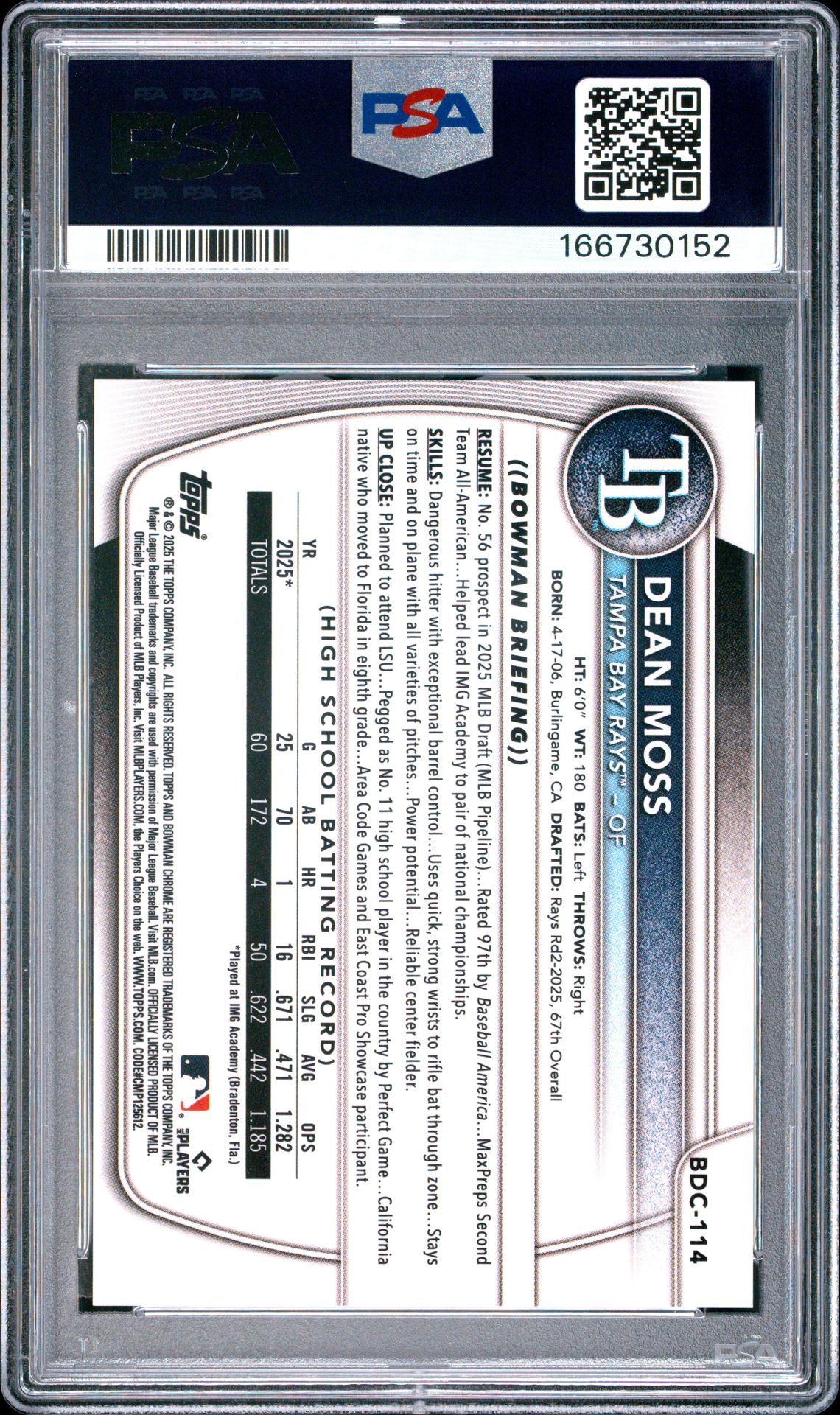 2025 Bowman Draft Sapphire Edition Dean Moss #114 (Gold) Mint 9 back