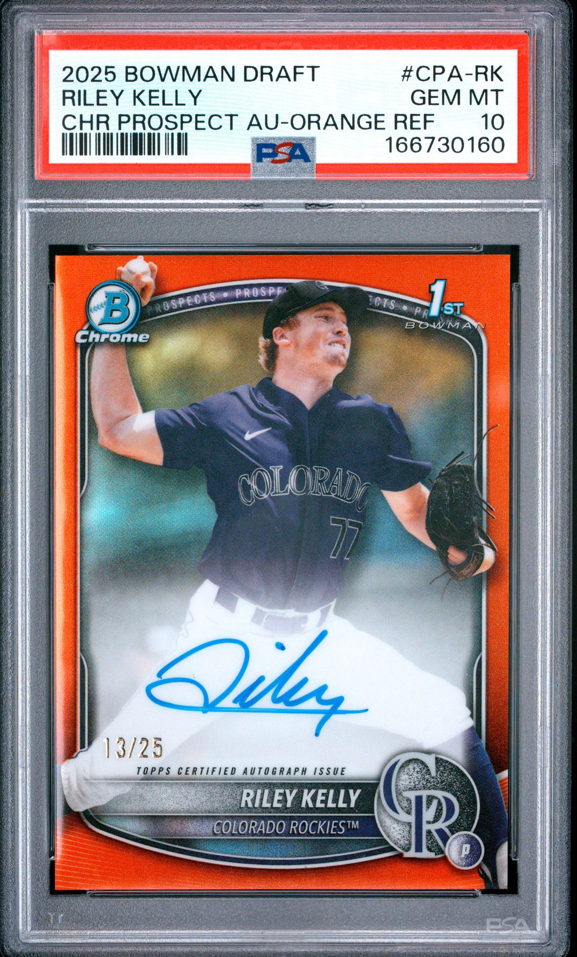 2025 Bowman Draft Chrome Prospect Autographs Riley Kelly #Cpa-Rk (Chr Prospect Au-Orange Ref) Gem Mt 10 front view - PSA graded GEM MT 10