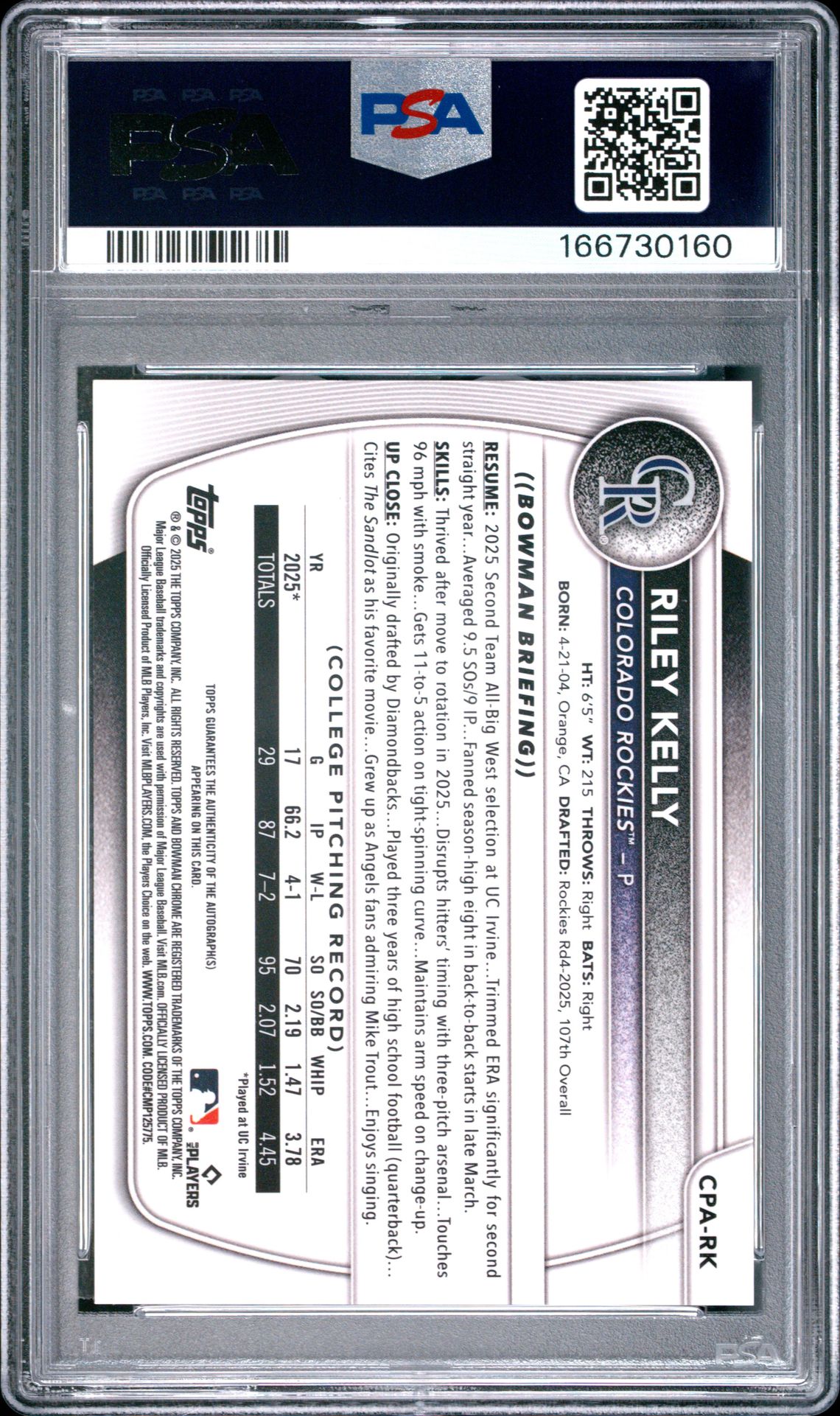 2025 Bowman Draft Chrome Prospect Autographs Riley Kelly #Cpa-Rk (Chr Prospect Au-Orange Ref) Gem Mt 10 back view - PSA certificate #166730160