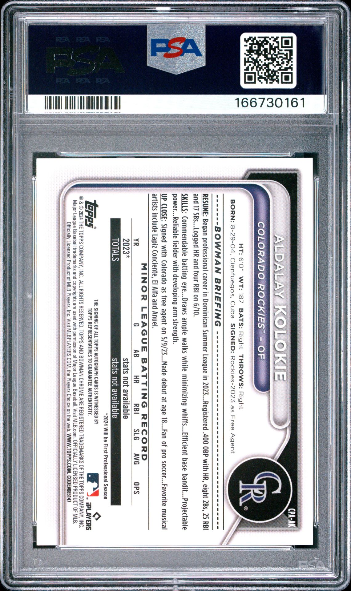 2024 Bowman Chrome Prospect Autographs Aldalay Kolokie #Cpaak (Prospect Auto-Orange Ref) Gem Mt 10 back view - PSA certificate #166730161