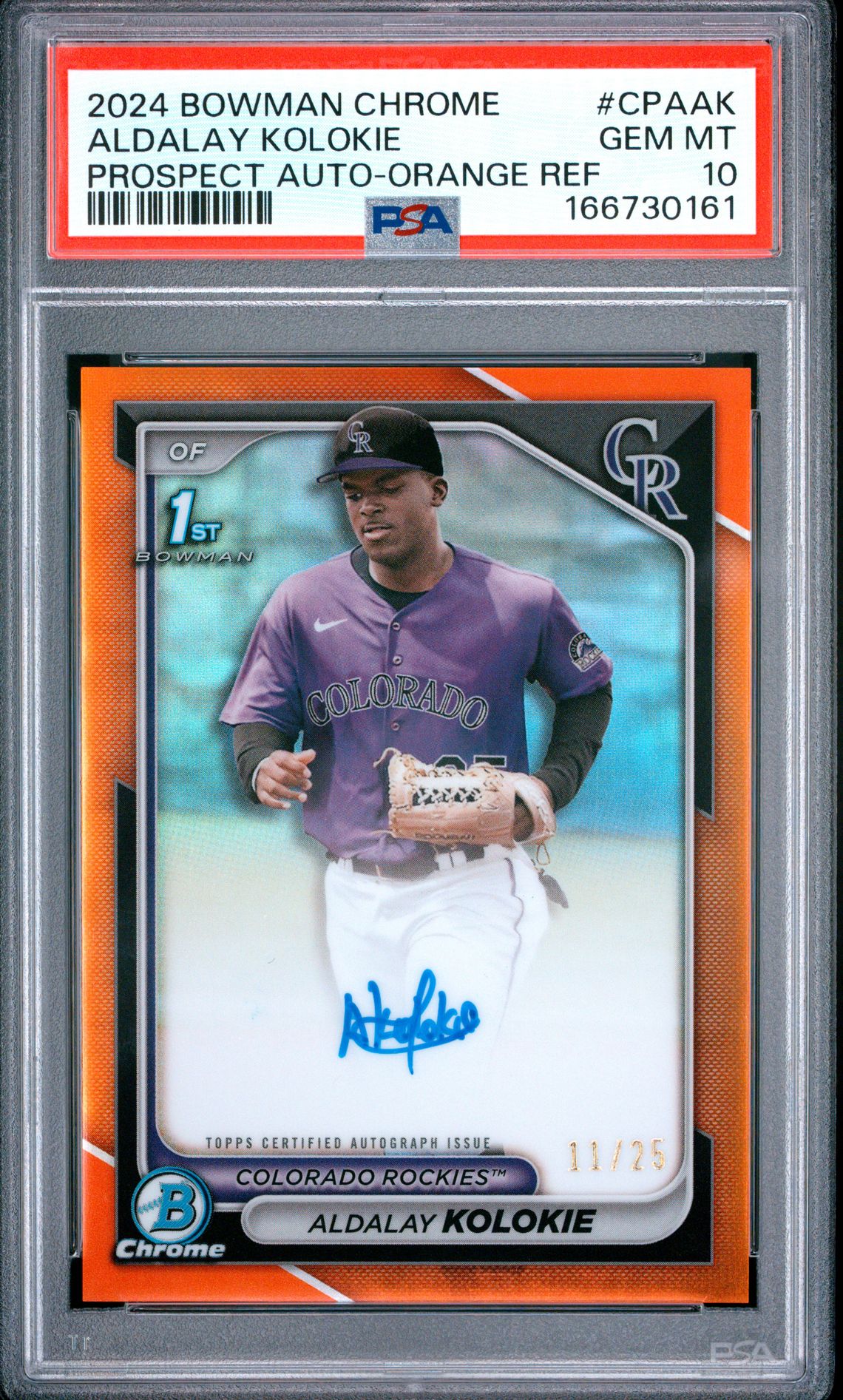 2024 Bowman Chrome Prospect Autographs Aldalay Kolokie #Cpaak (Prospect Auto-Orange Ref) Gem Mt 10 front view - PSA graded GEM MT 10