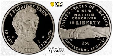 2026-S 25C Gettysburg Address Ag PR70DCAM