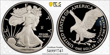 2026-W $1 Silver Eagle w/ Liberty Bell 250 Privy PR68DCAM