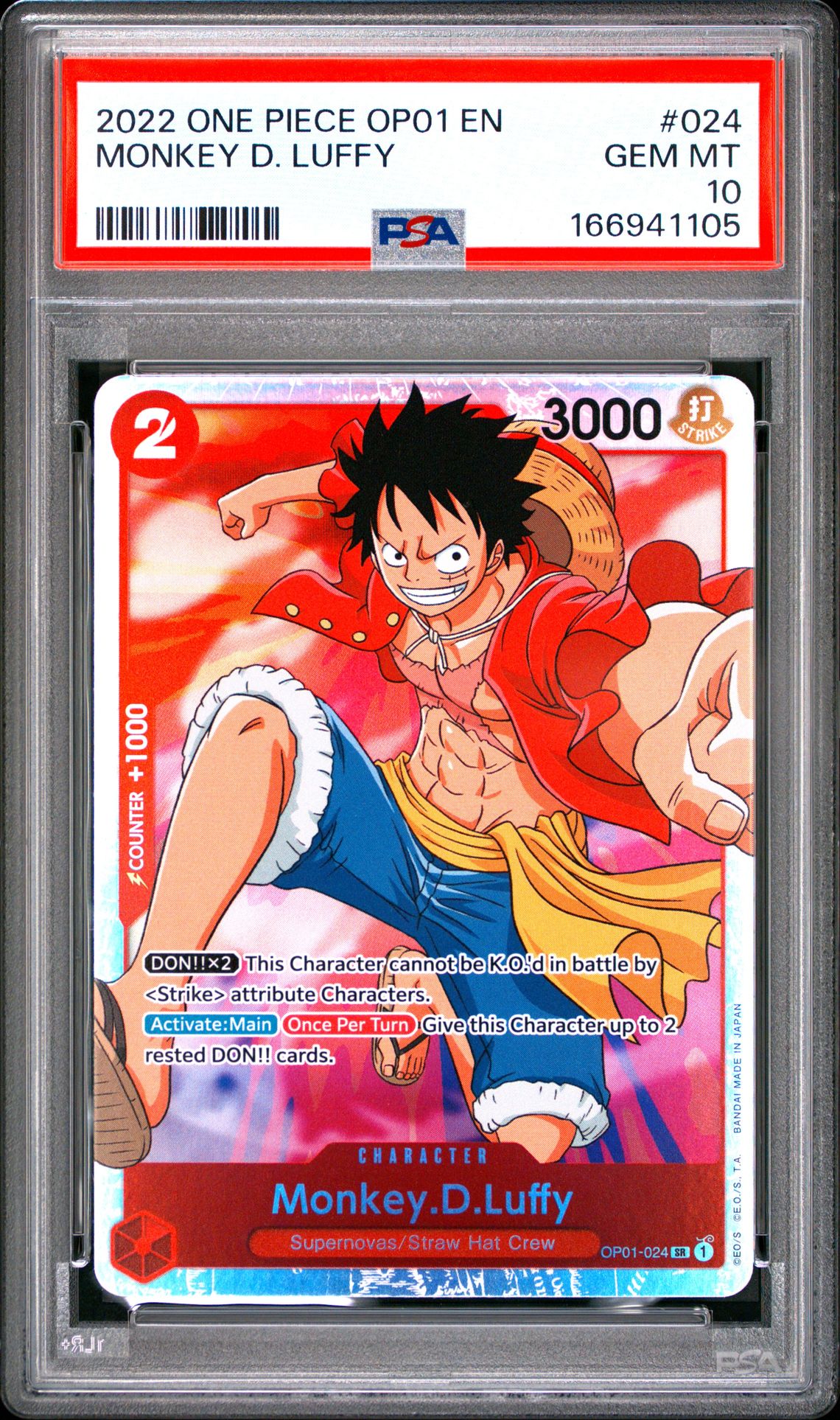 2022 One Piece Op01-Romance Dawn Monkey D. Luffy #024 Gem Mt 10 front view - PSA graded GEM MT 10