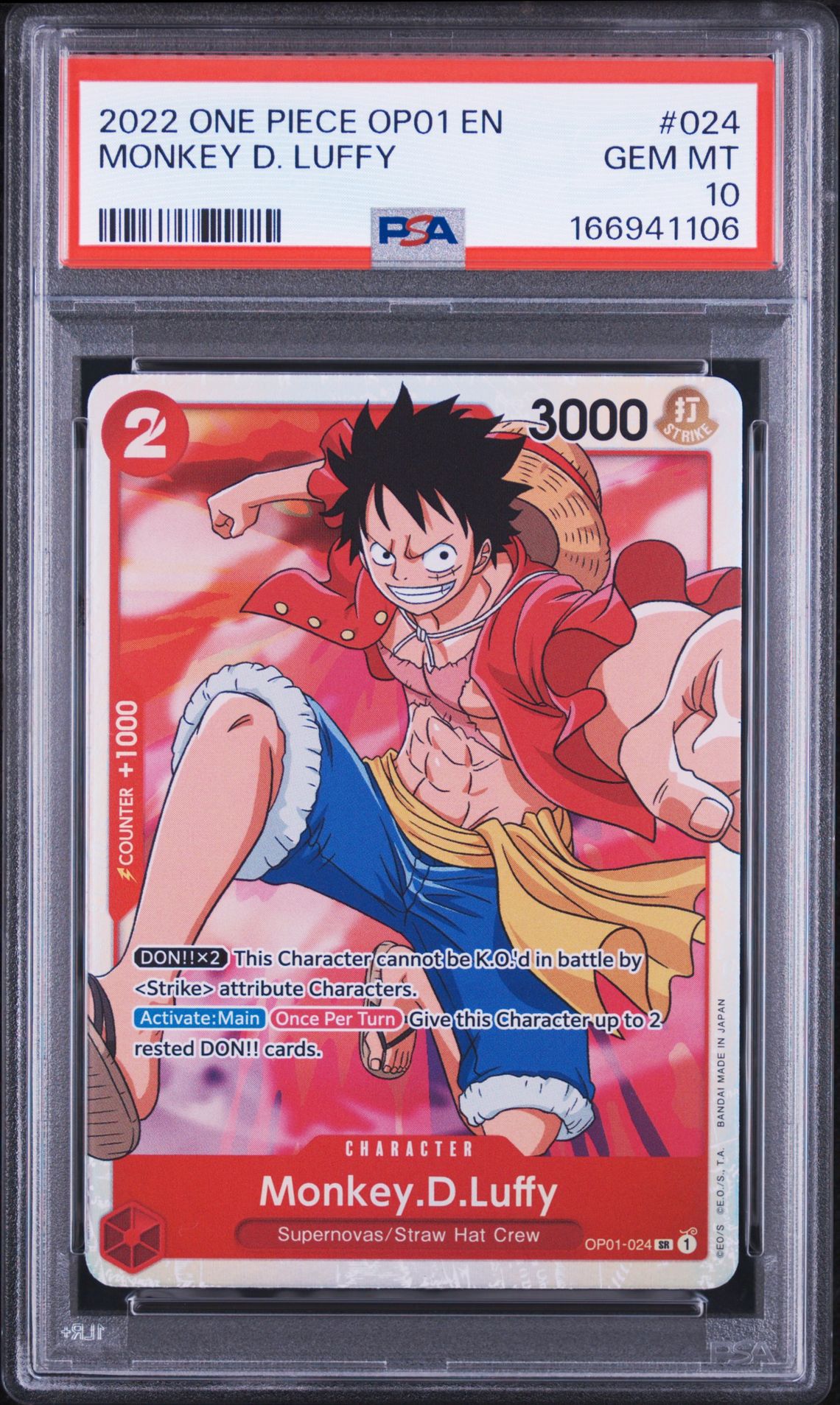 2022 One Piece Op01-Romance Dawn Monkey D. Luffy #024 Gem Mt 10 front