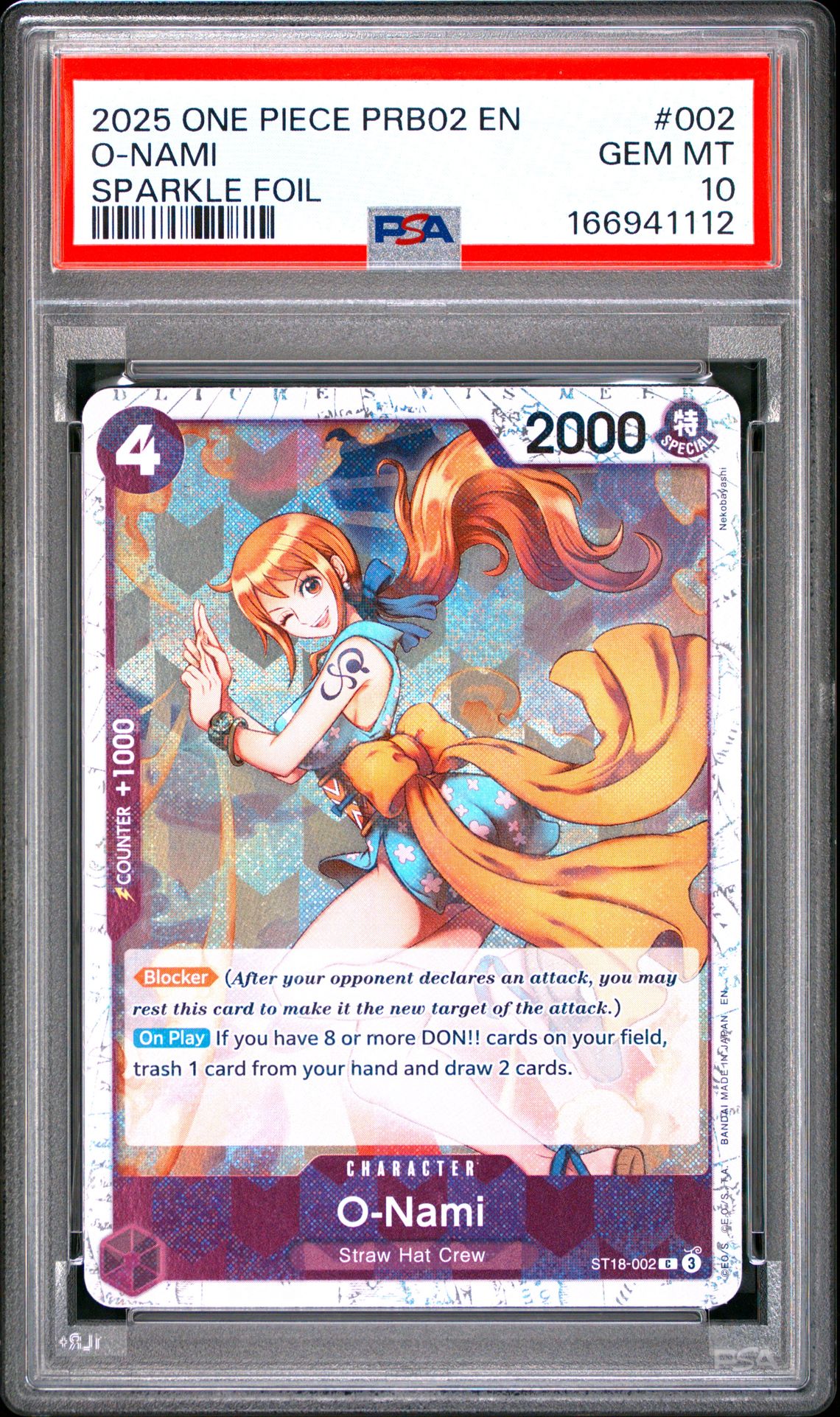 2025 One Piece Prb02-Premium Booster -One Piece Card The Best- Vol.2 O-Nami #002 (Sparkle Foil) Gem Mt 10 front view - PSA graded GEM MT 10