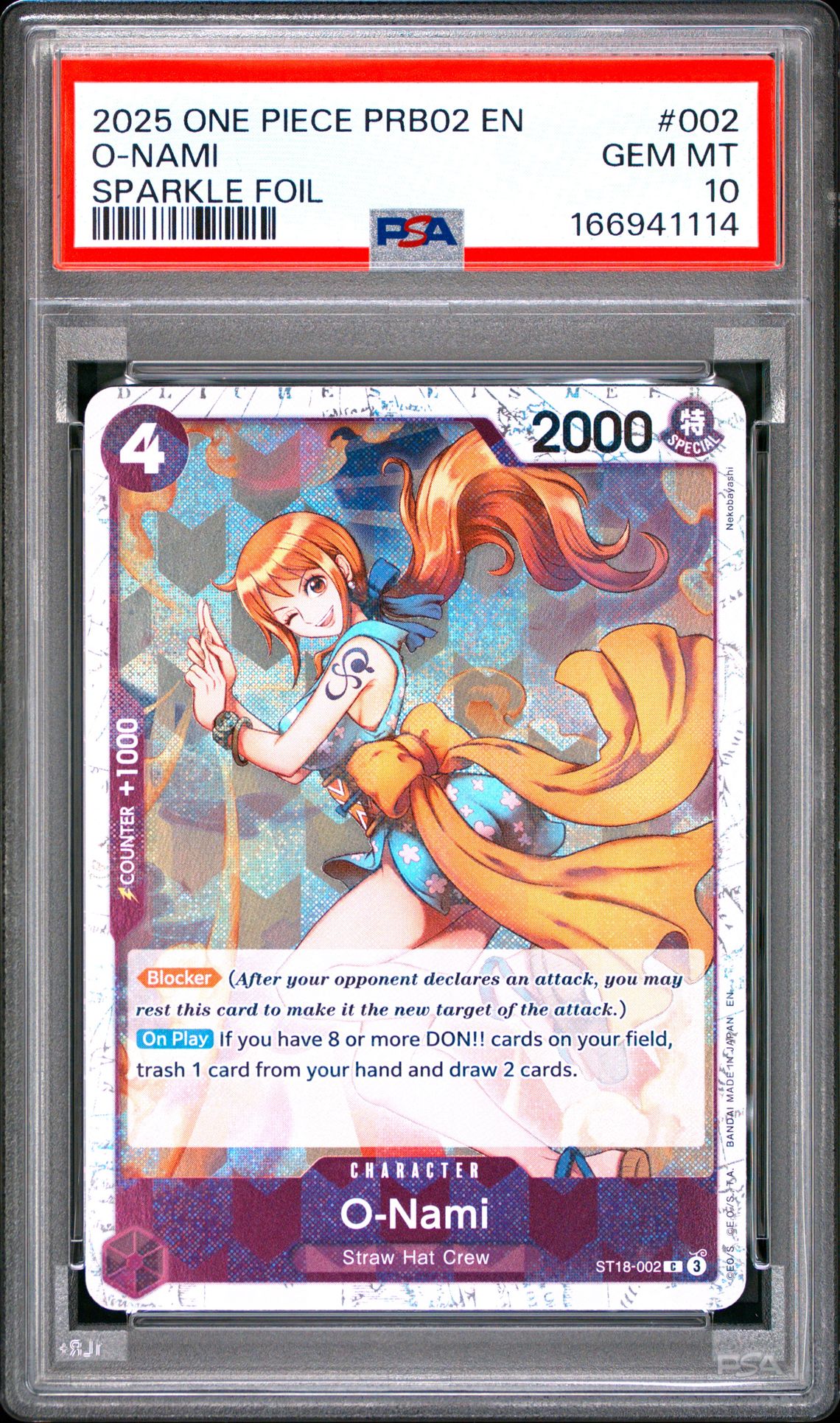 2025 One Piece Prb02-Premium Booster -One Piece Card The Best- Vol.2 O-Nami #002 (Sparkle Foil) Gem Mt 10 front