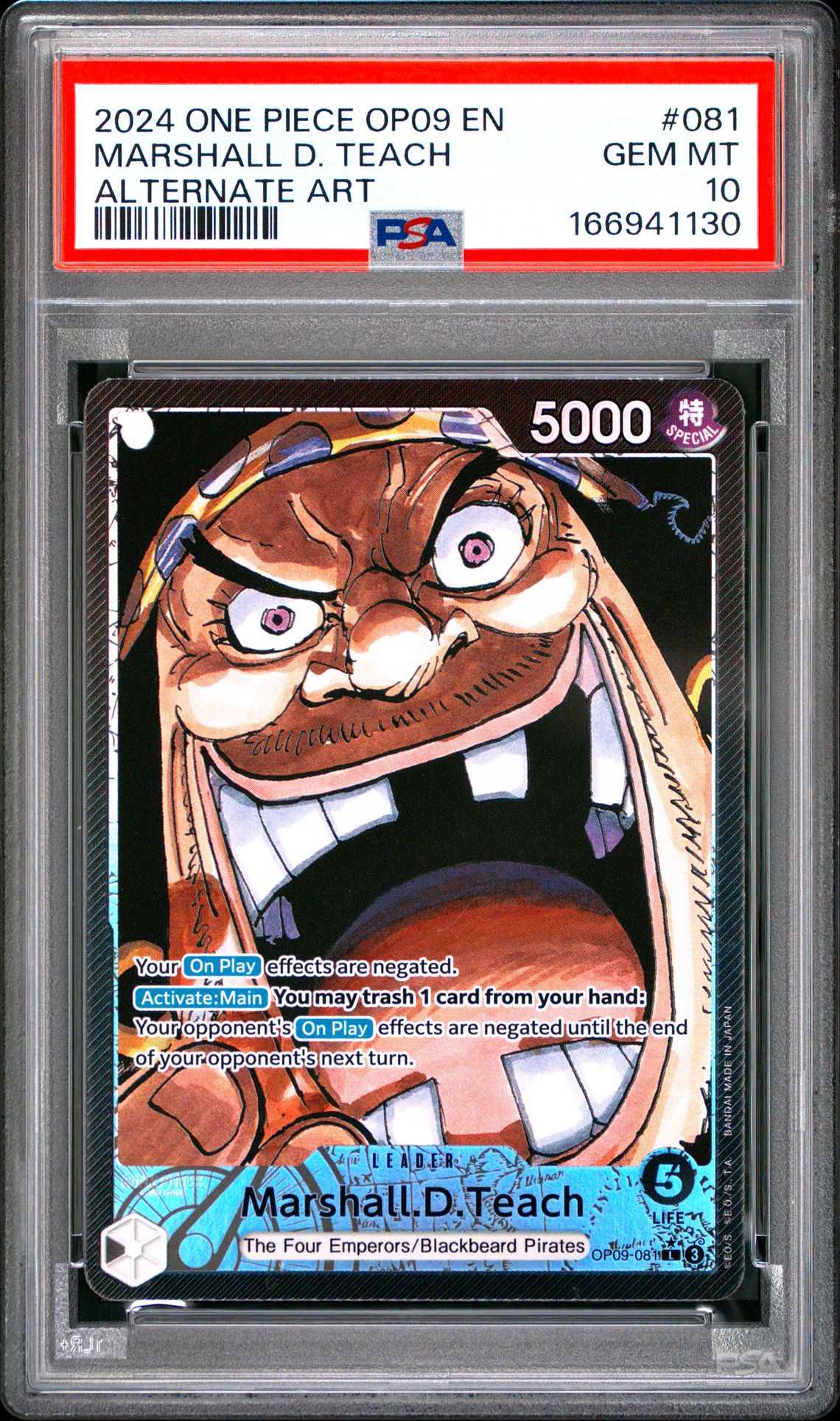 2024 One Piece Op09-Emperors In The New World Marshall D. Teach #081 (Alternate Art) Gem Mt 10 front view - PSA graded GEM MT 10