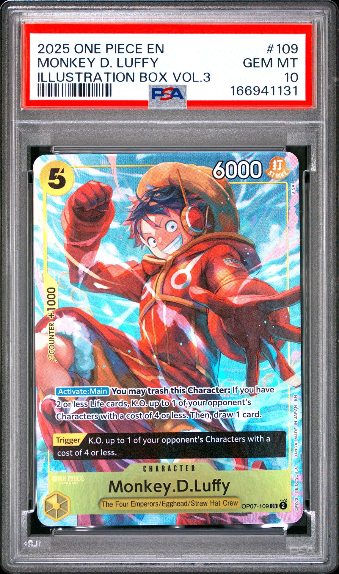 2025 One Piece Promos Monkey D. Luffy #109 (Illustration Box Vol.3) Gem Mt 10 front view - PSA graded GEM MT 10