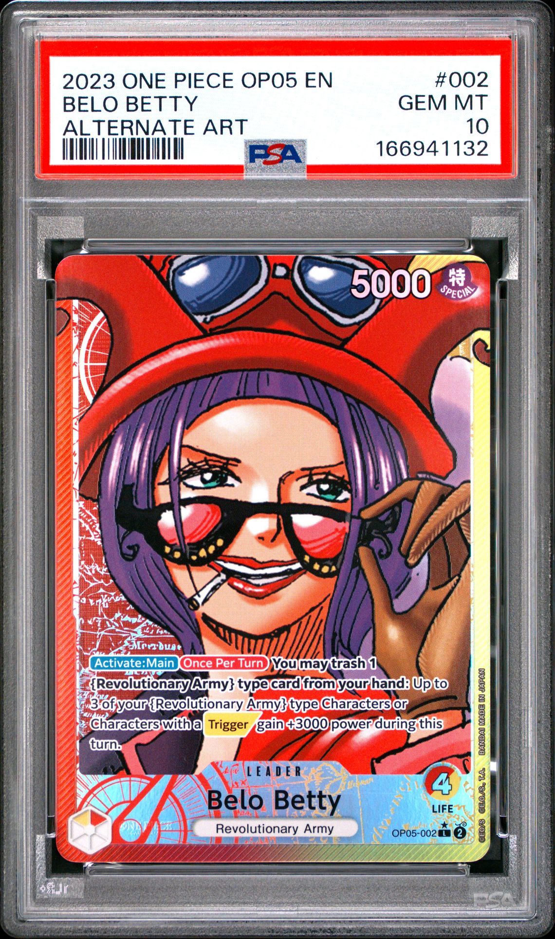 2023 One Piece Op05-Awakening Of The New Era Belo Betty #002 (Alternate Art) Gem Mt 10 front view - PSA graded GEM MT 10