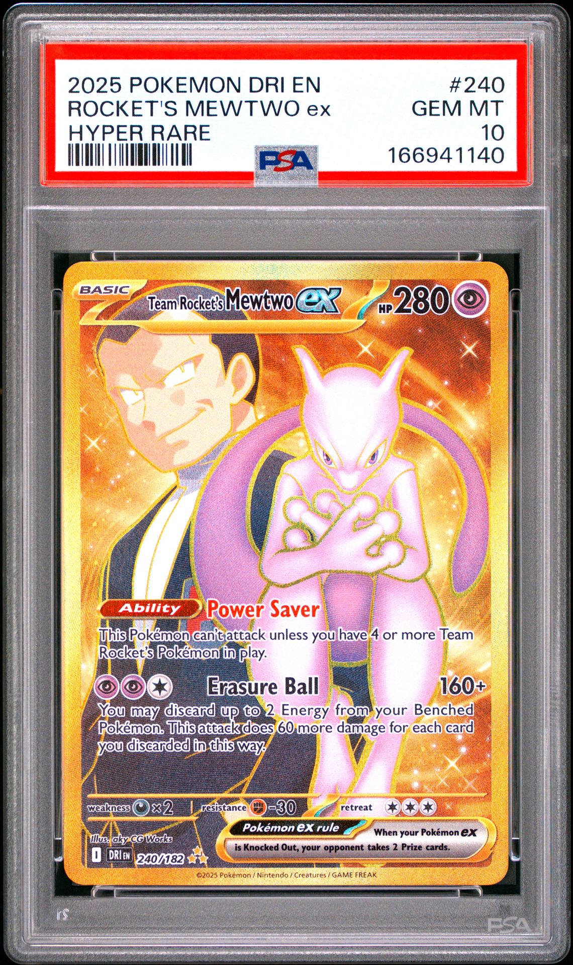 2025 Pokemon Dri En-Destined Rivals Rocket's Mewtwo Ex #240 (Hyper Rare) Gem Mt 10 front view - PSA graded GEM MT 10