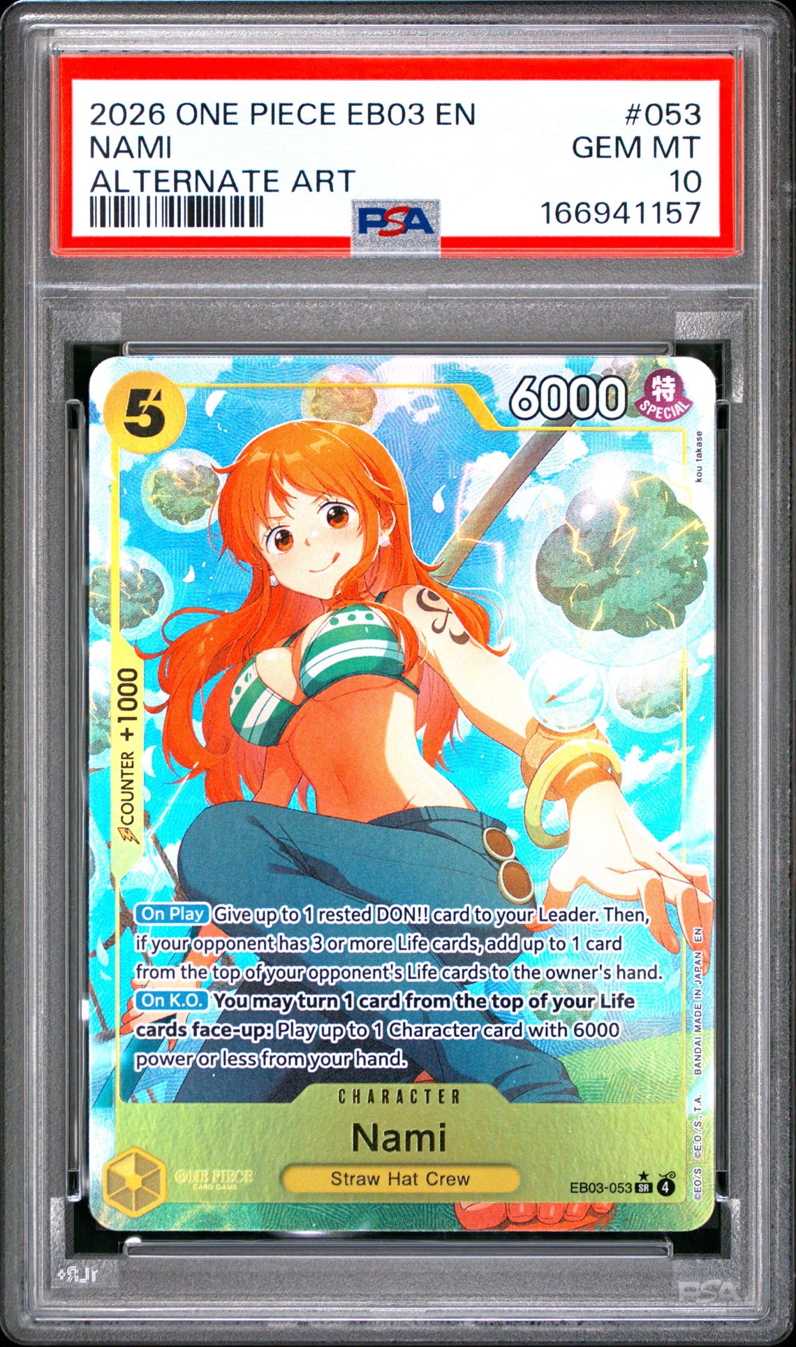 2026 One Piece Eb03-Extra Booster -One Piece Heroines Edition- Nami #053 (Alternate Art) Gem Mt 10 front view - PSA graded GEM MT 10