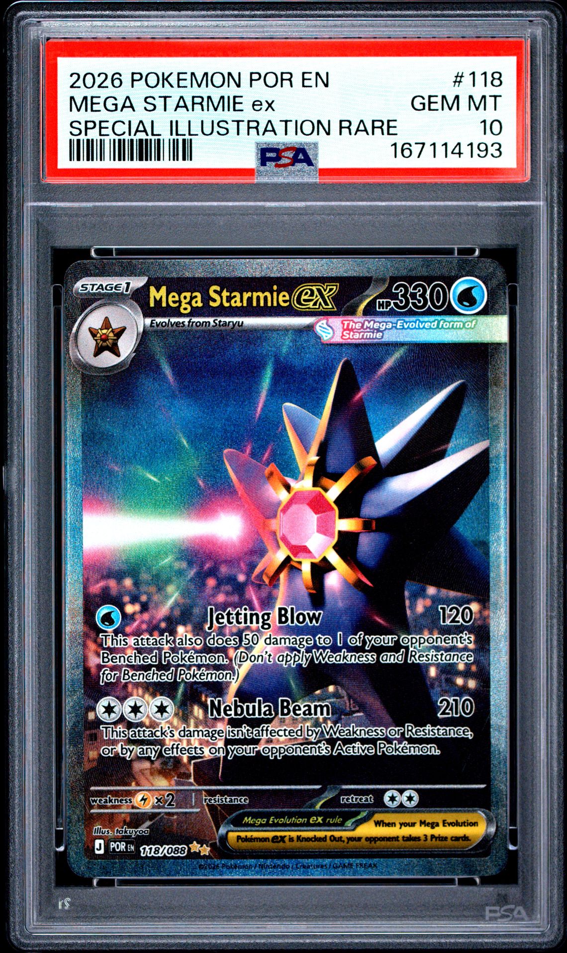 2026 Pokemon Por En-Perfect Order Mega Starmie Ex #118 (Special Illustration Rare) Gem Mt 10 front view - PSA graded GEM MT 10
