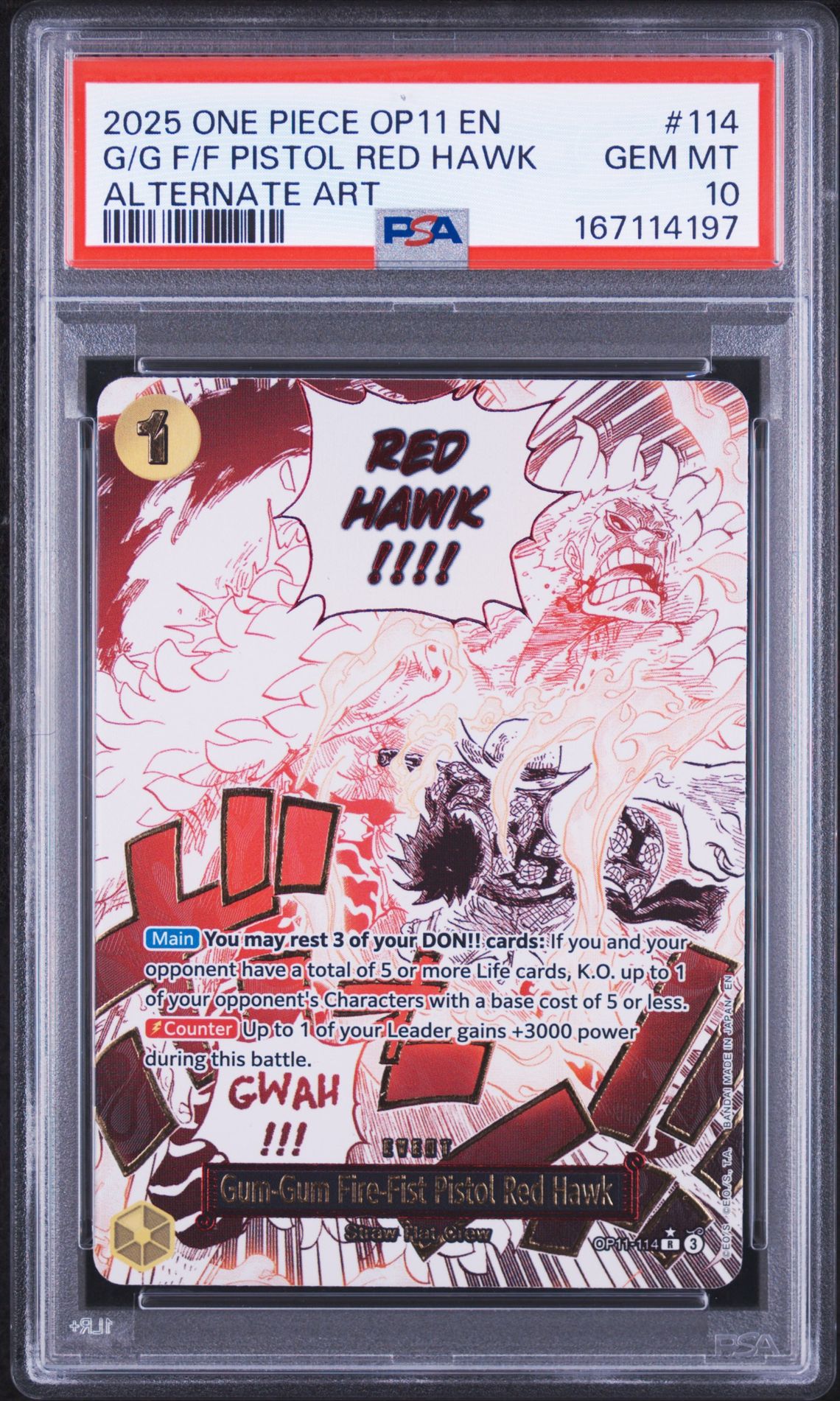 2025 One Piece Op11-A Fist Of Divine Speed G/G F/F Pistol Red Hawk #114 (Alternate Art) Gem Mt 10 front view - PSA graded GEM MT 10