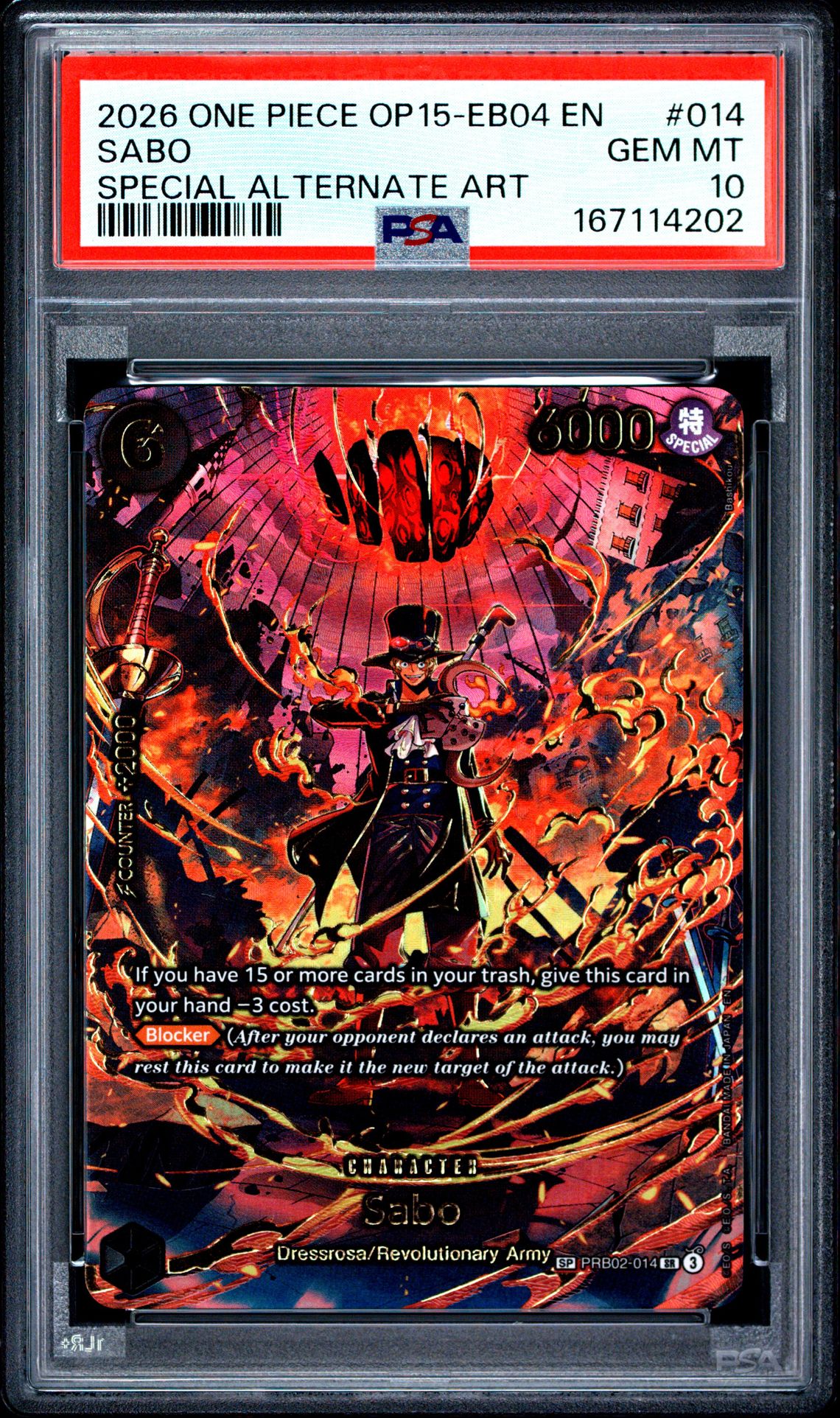 2026 ONE PIECE OP15-EB04-ADVENTURE ON KAMI'S ISLAND SABO SPECIAL ALTERNATE ART 014 GEM MT 10 front