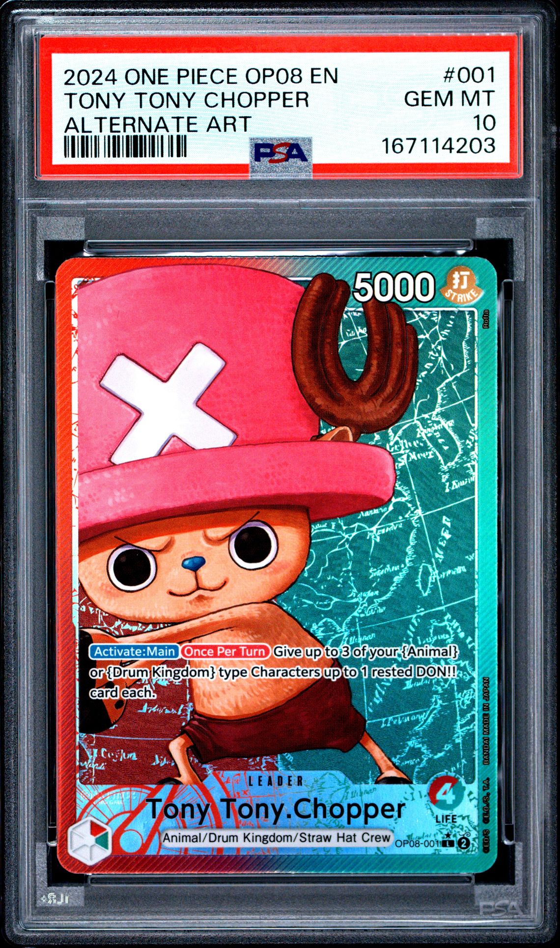 2024 One Piece Op08-Two Legends Tony Tony Chopper #001 (Alternate Art) Gem Mt 10 front view - PSA graded GEM MT 10
