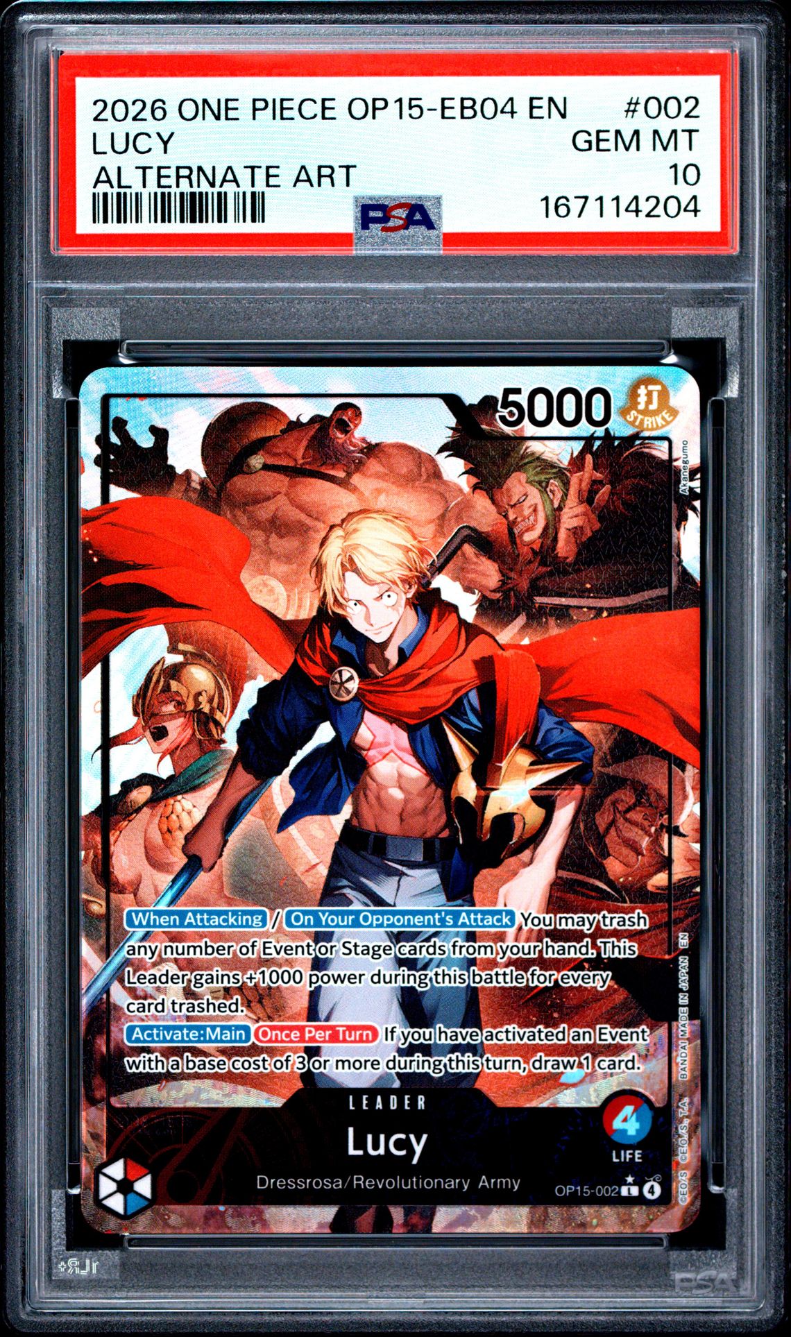 2026 One Piece Op15-Eb04-Adventure On Kami's Island Lucy #002 (Alternate Art) Gem Mt 10 front view - PSA graded GEM MT 10