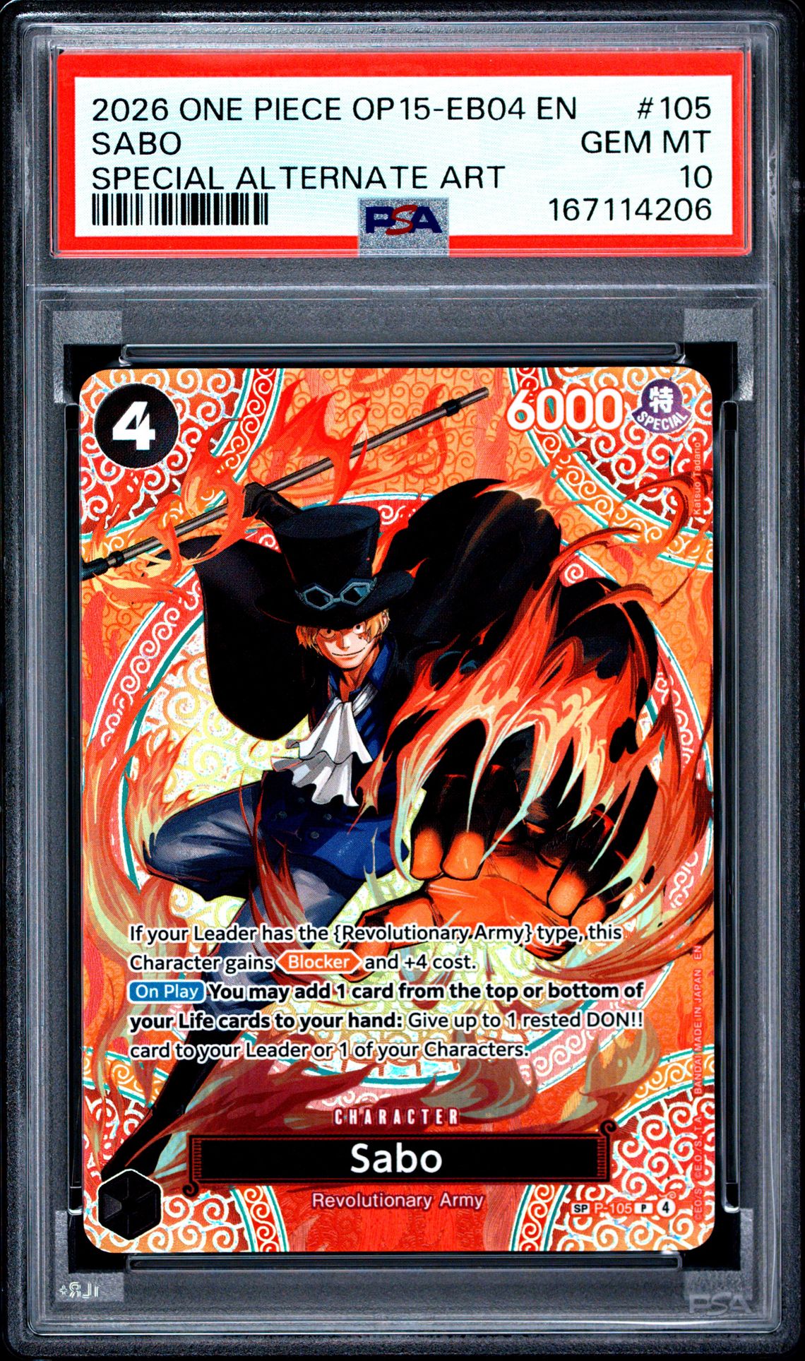 2026 One Piece Op15-Eb04-Adventure On Kami's Island Sabo #105 (Special Alternate Art) Gem Mt 10 front view - PSA graded GEM MT 10