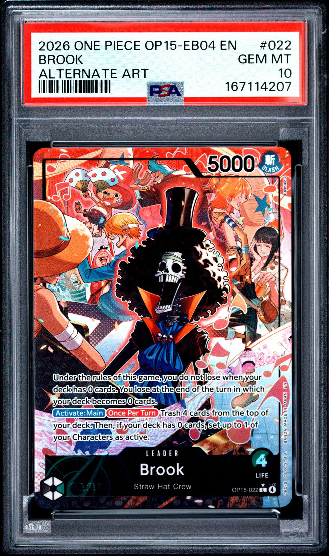 2026 One Piece Op15-Eb04-Adventure On Kami's Island Brook #022 (Alternate Art) Gem Mt 10 front view - PSA graded GEM MT 10