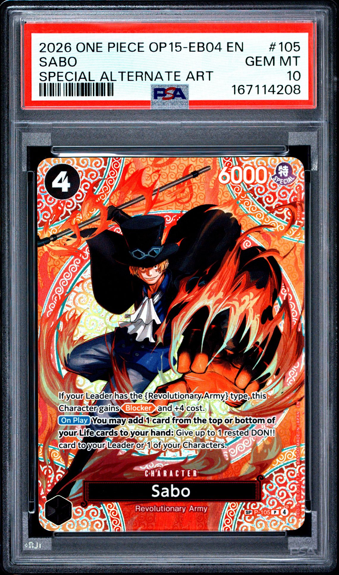 2026 One Piece Op15-Eb04-Adventure On Kami's Island Sabo #105 (Special Alternate Art) Gem Mt 10 front view - PSA graded GEM MT 10