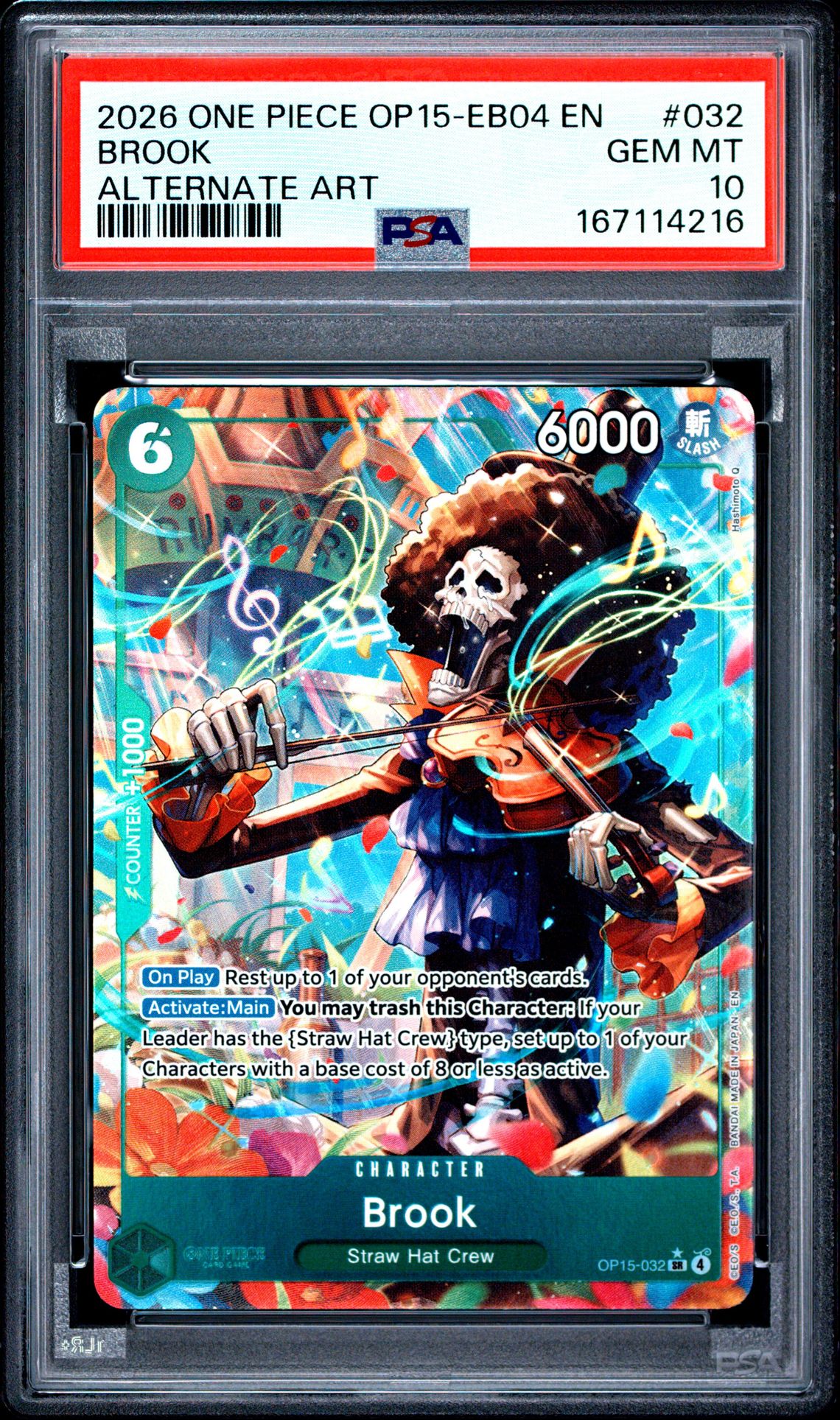 2026 One Piece Op15-Eb04-Adventure On Kami's Island Brook #032 (Alternate Art) Gem Mt 10 front view - PSA graded GEM MT 10