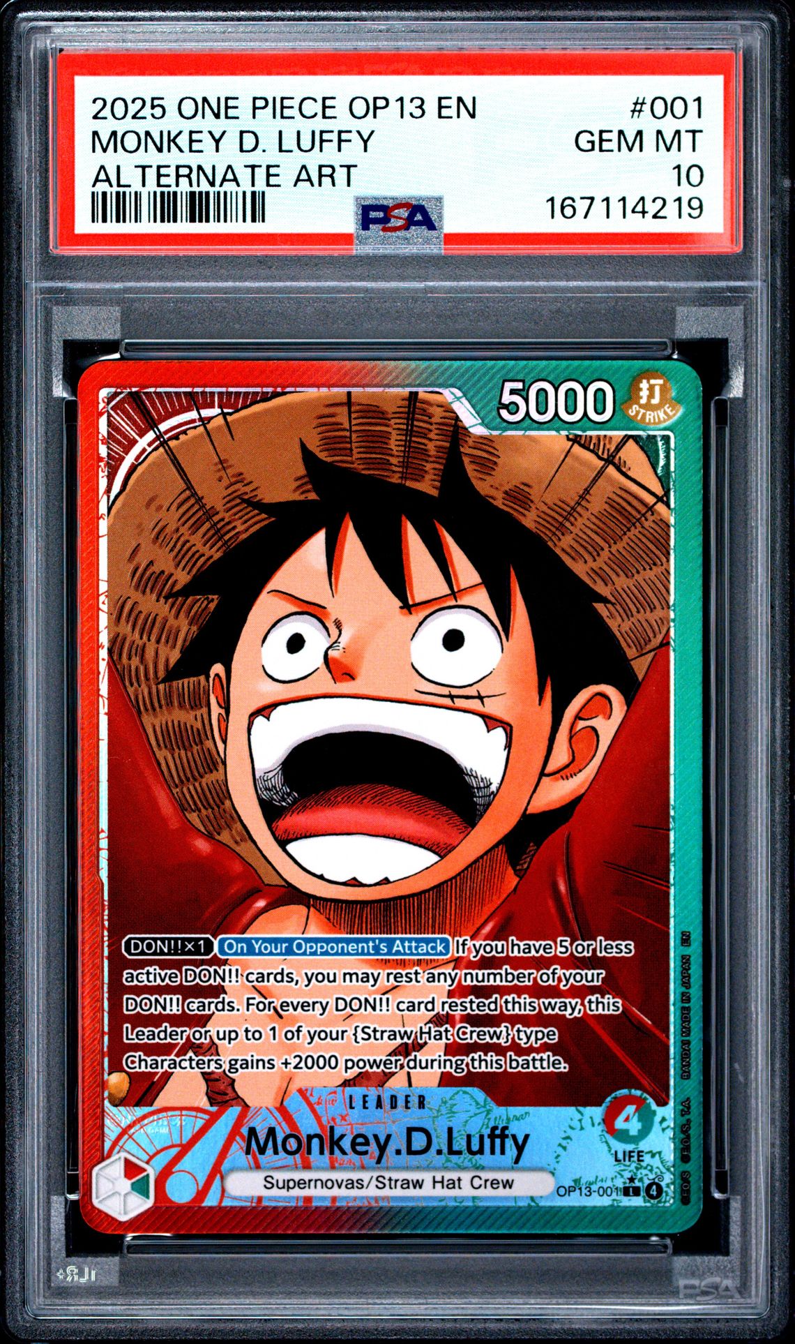 2025 One Piece Op13-Carrying On His Will Monkey D. Luffy #001 (Alternate Art) Gem Mt 10 front view - PSA graded GEM MT 10