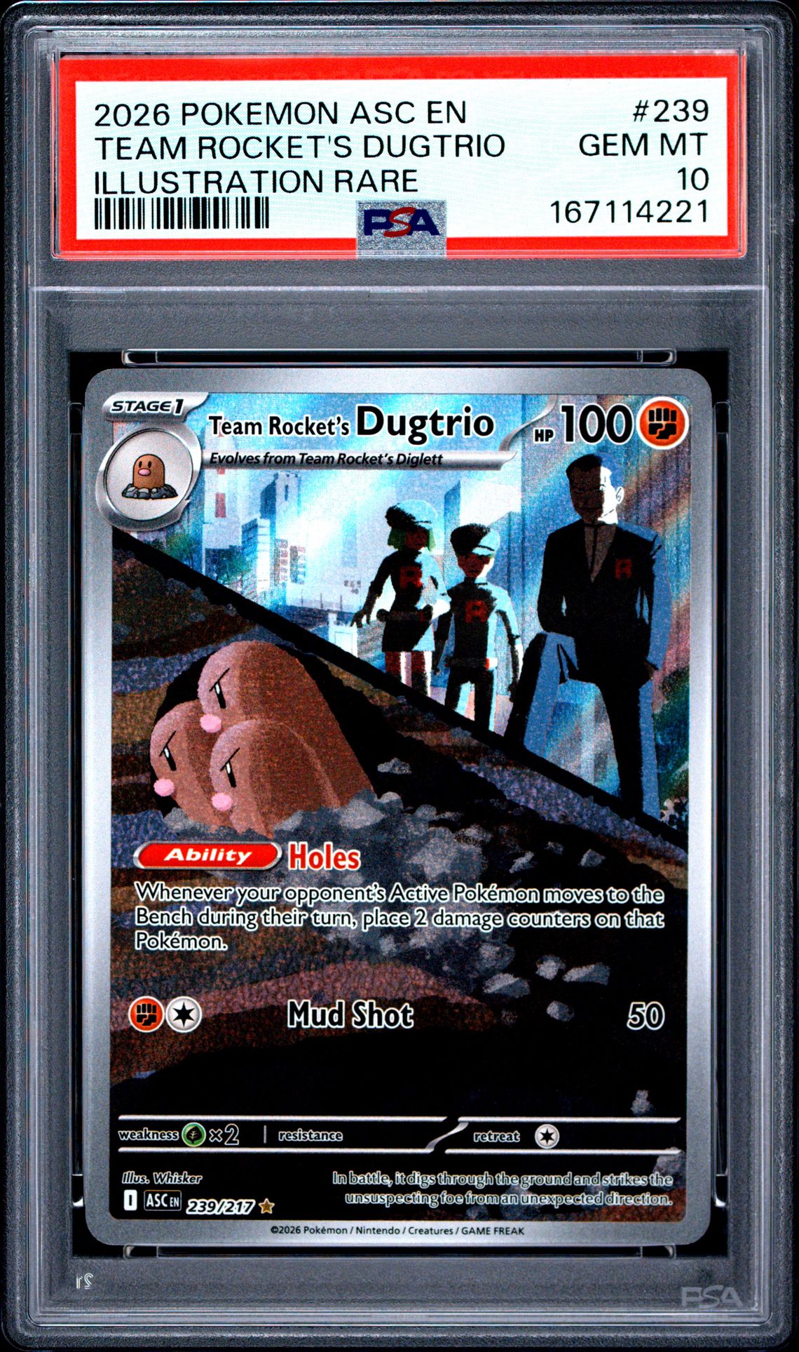 2026 Pokemon Asc En-Ascended Heroes Team Rocket's Dugtrio #239 (Illustration Rare) Gem Mt 10 front view - PSA graded GEM MT 10