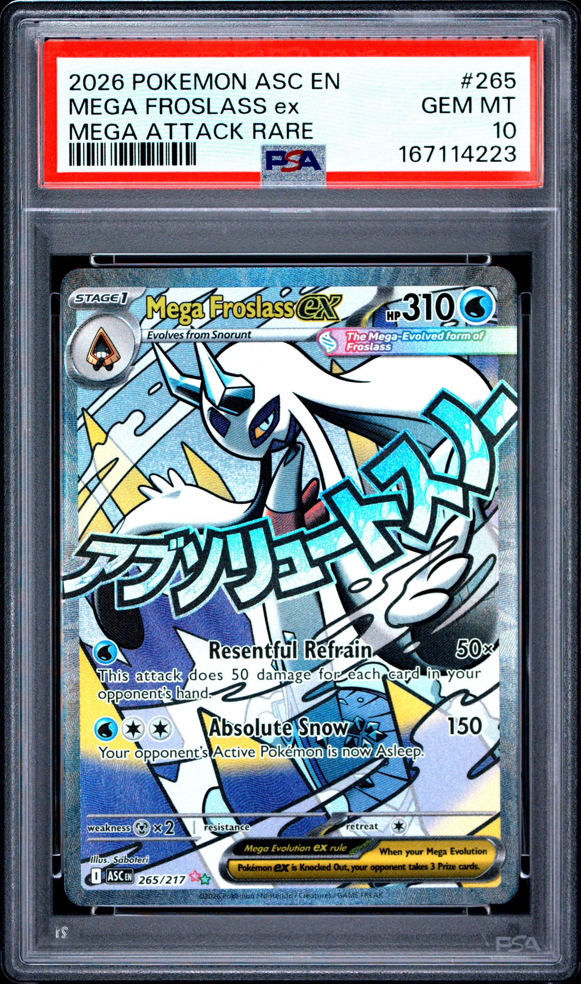 2026 Pokemon Asc En-Ascended Heroes Mega Froslass Ex #265 (Mega Attack Rare) Gem Mt 10 front view - PSA graded GEM MT 10