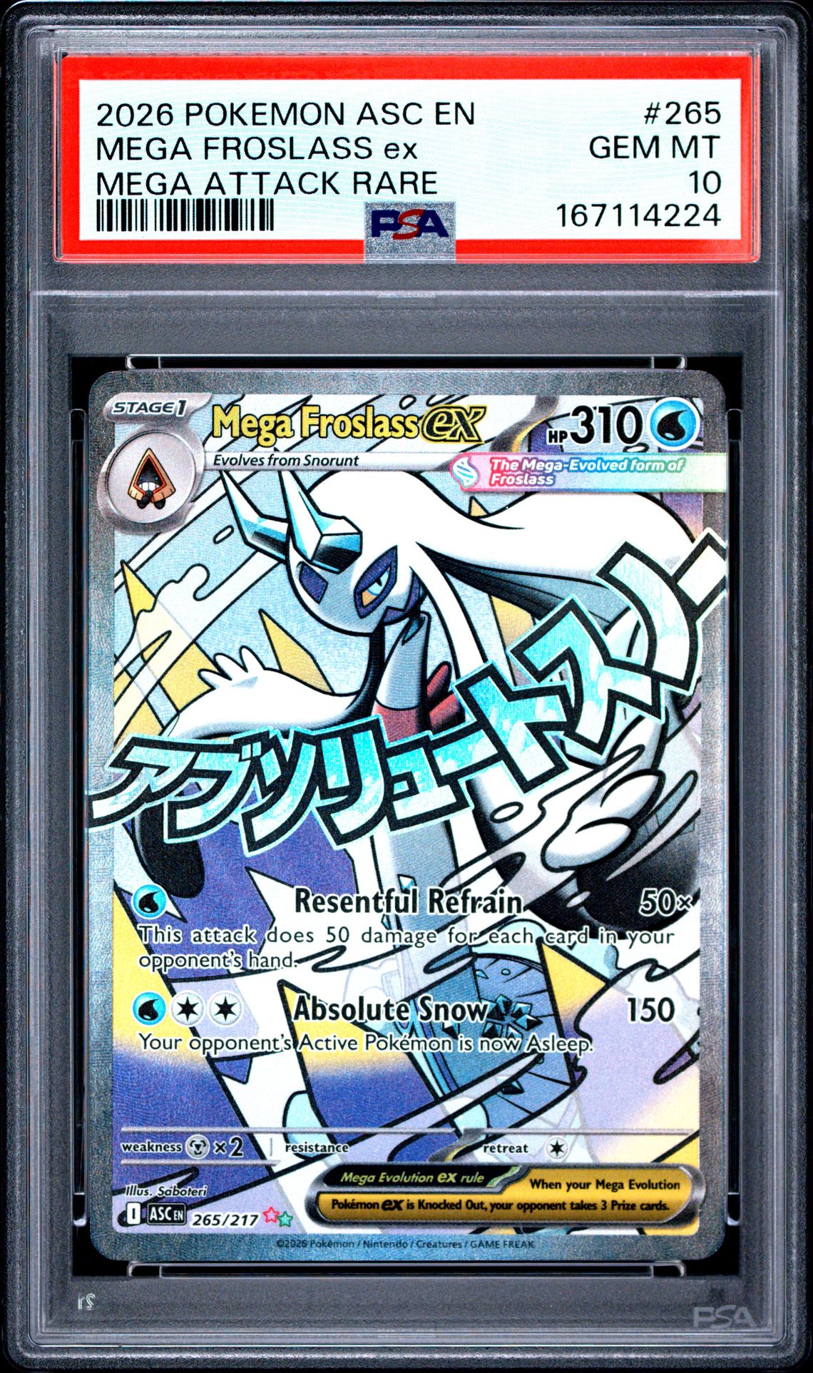 2026 Pokemon Asc En-Ascended Heroes Mega Froslass Ex #265 (Mega Attack Rare) Gem Mt 10 front view - PSA graded GEM MT 10