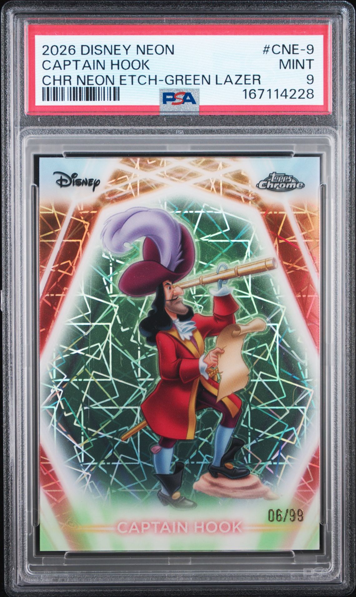 2026 Topps Disney Neon Chrome Neon Etch Captain Hook #Cne-9 (Chr Neon Etch-Green Lazer) Mint 9 front