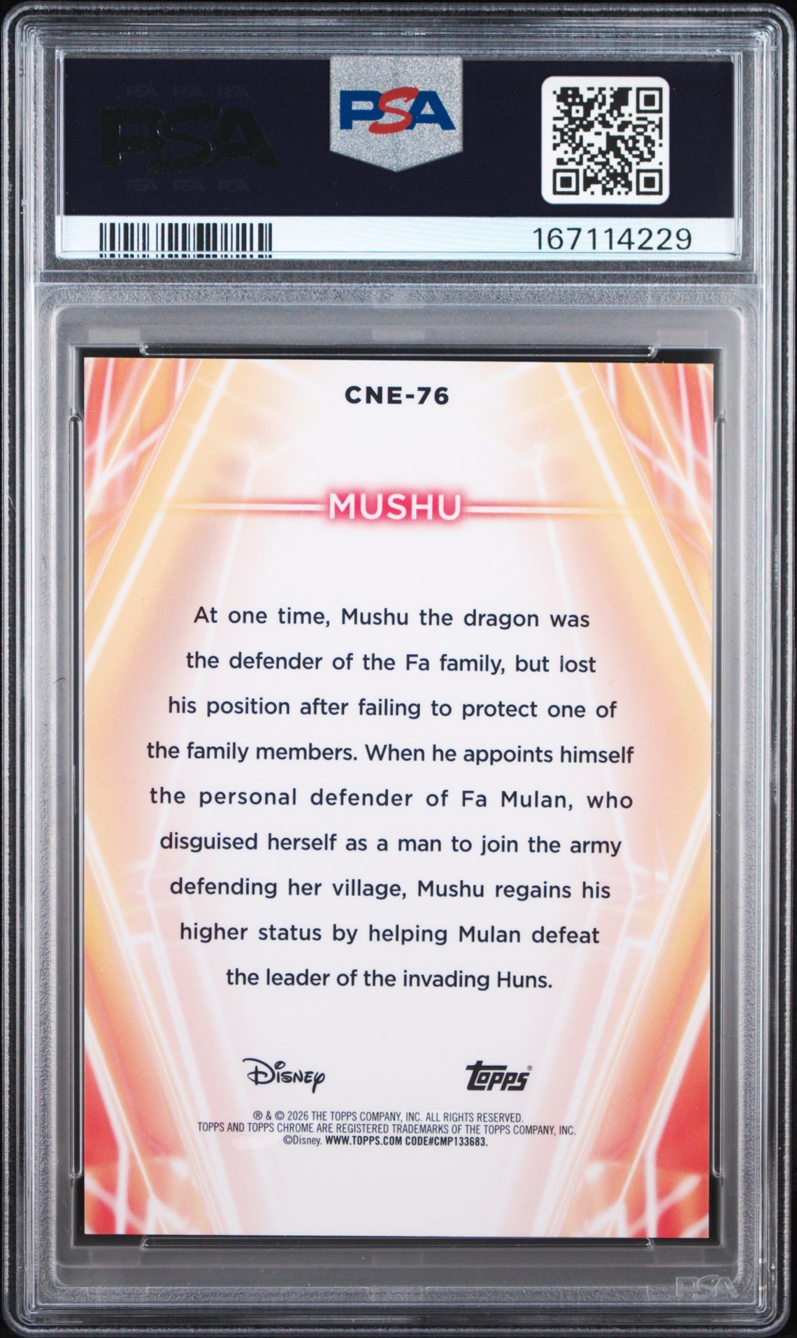 2026 Topps Disney Neon Chrome Neon Etch Mushu #Cne-76 (Chr Neon Etch-Green Lazer) Mint 9 back