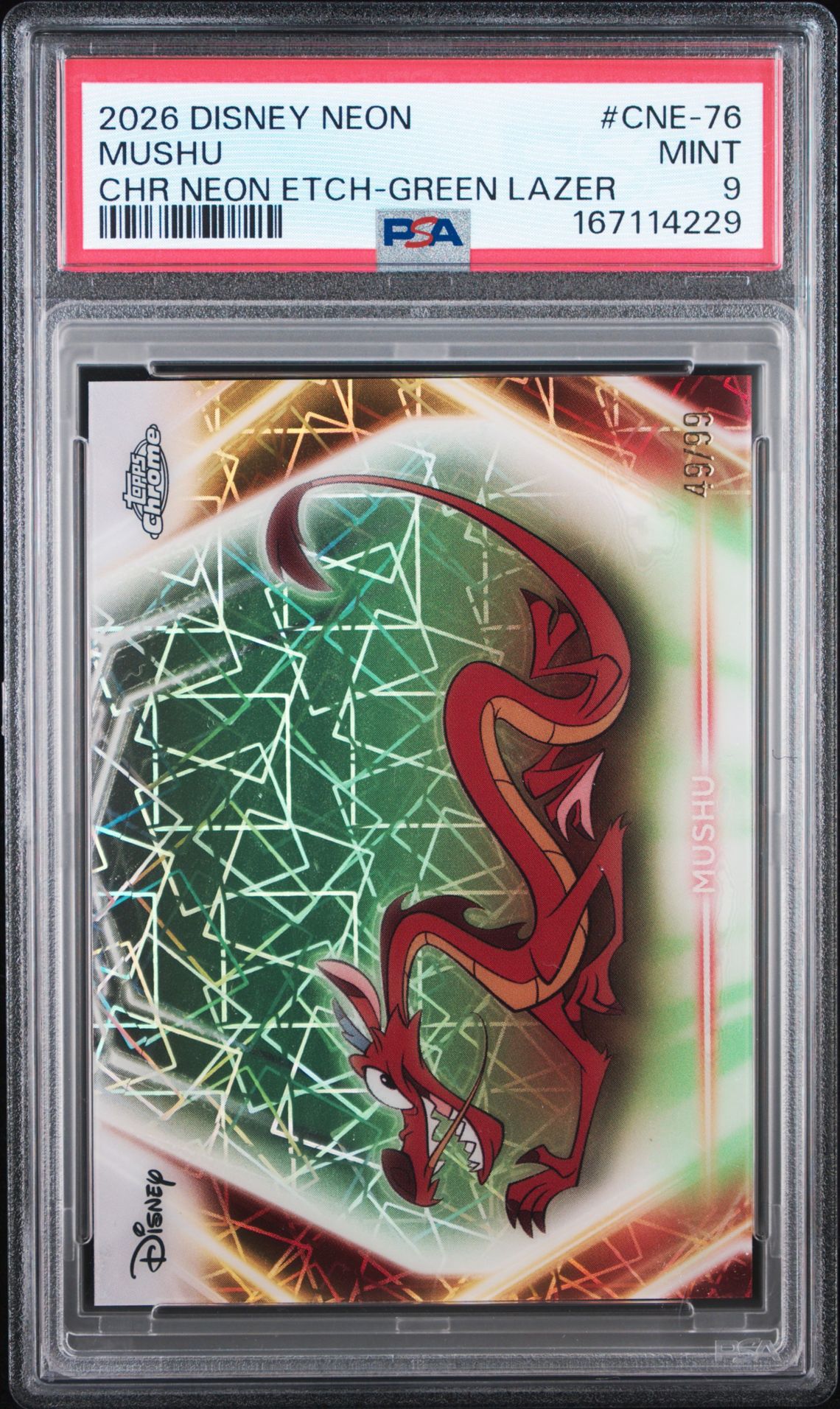 2026 Topps Disney Neon Chrome Neon Etch Mushu #Cne-76 (Chr Neon Etch-Green Lazer) Mint 9 front