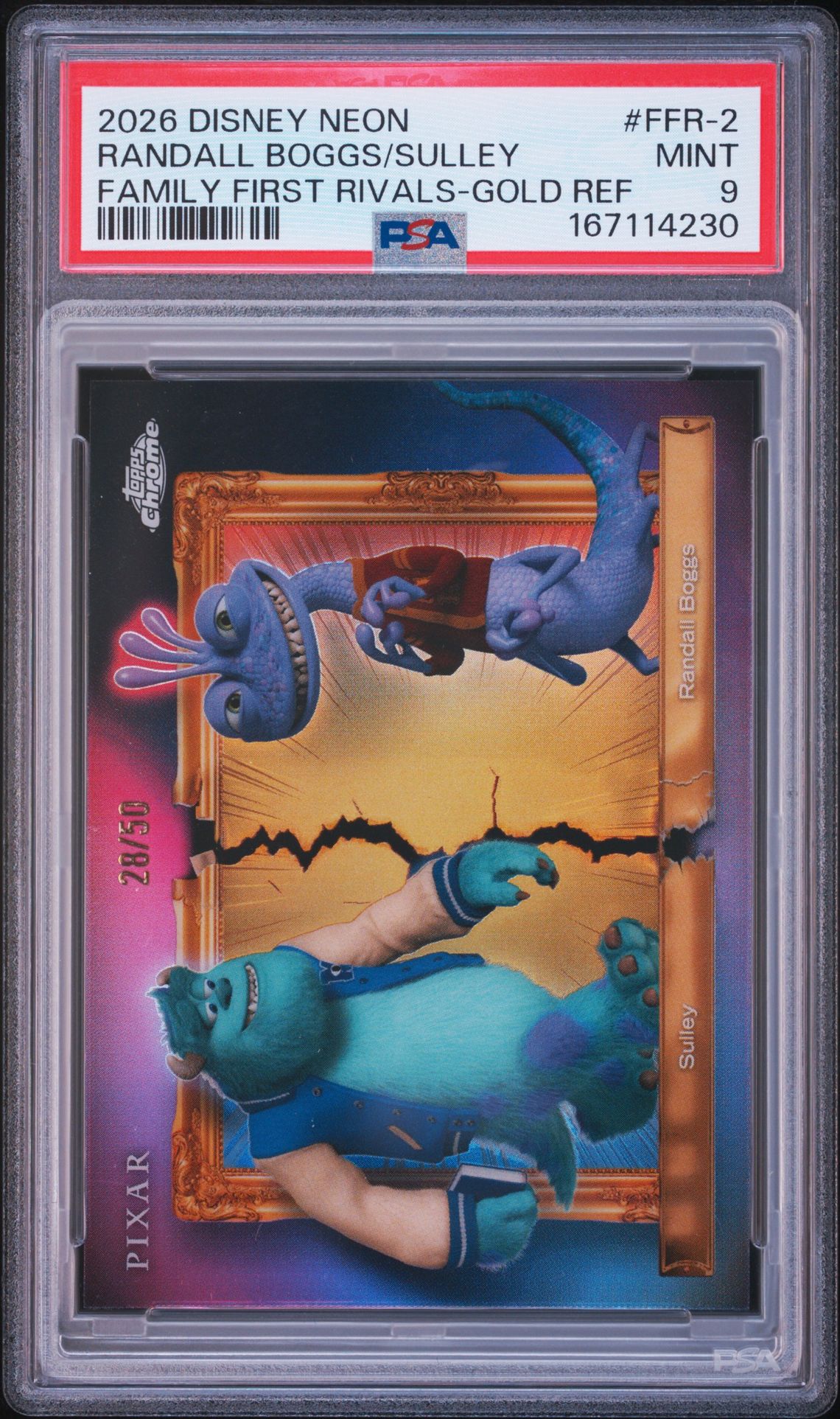 2026 Topps Disney Neon Family First Rivals Randall Boggs/Sulley #Ffr-2 (Family First Rivals-Gold Ref) Mint 9 front